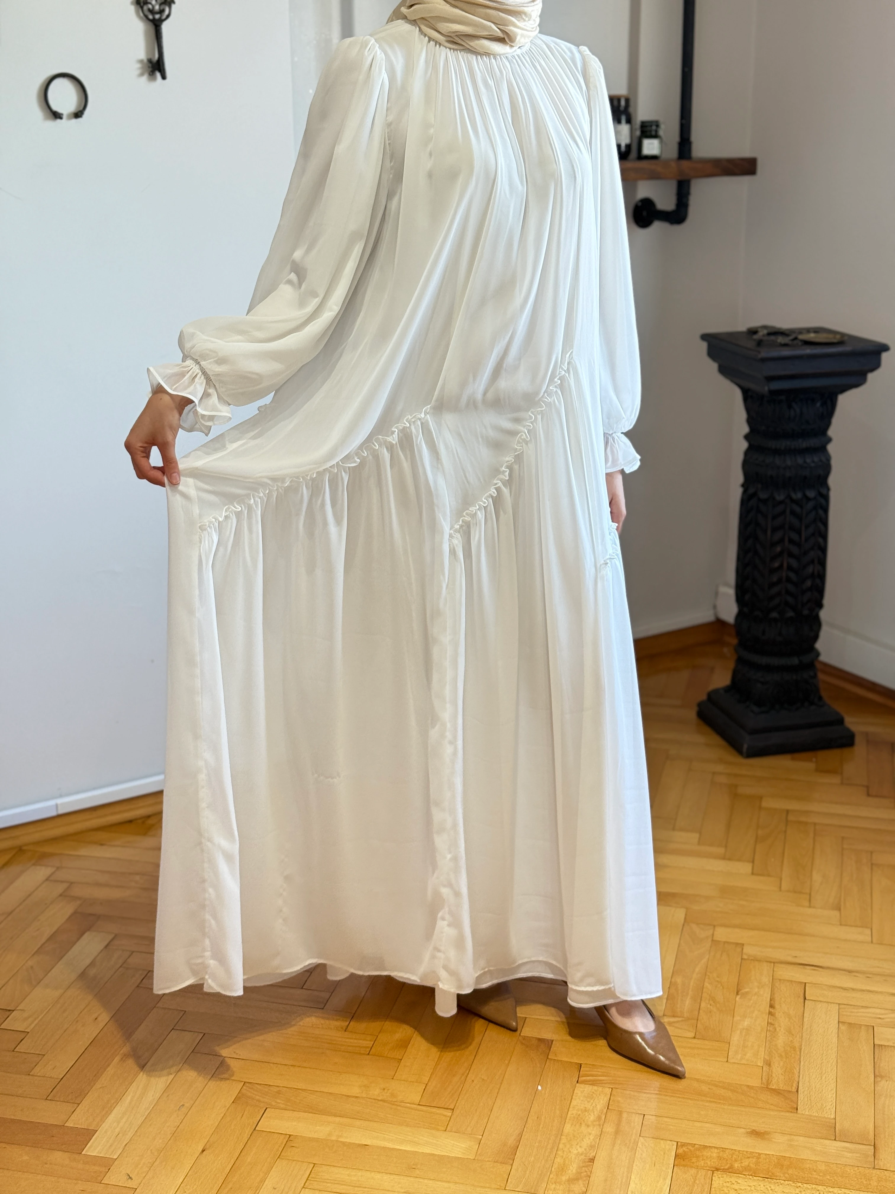 Verev Büzgülü Şifon Elbise 1006 NAVRA | FENDEL - beyaz