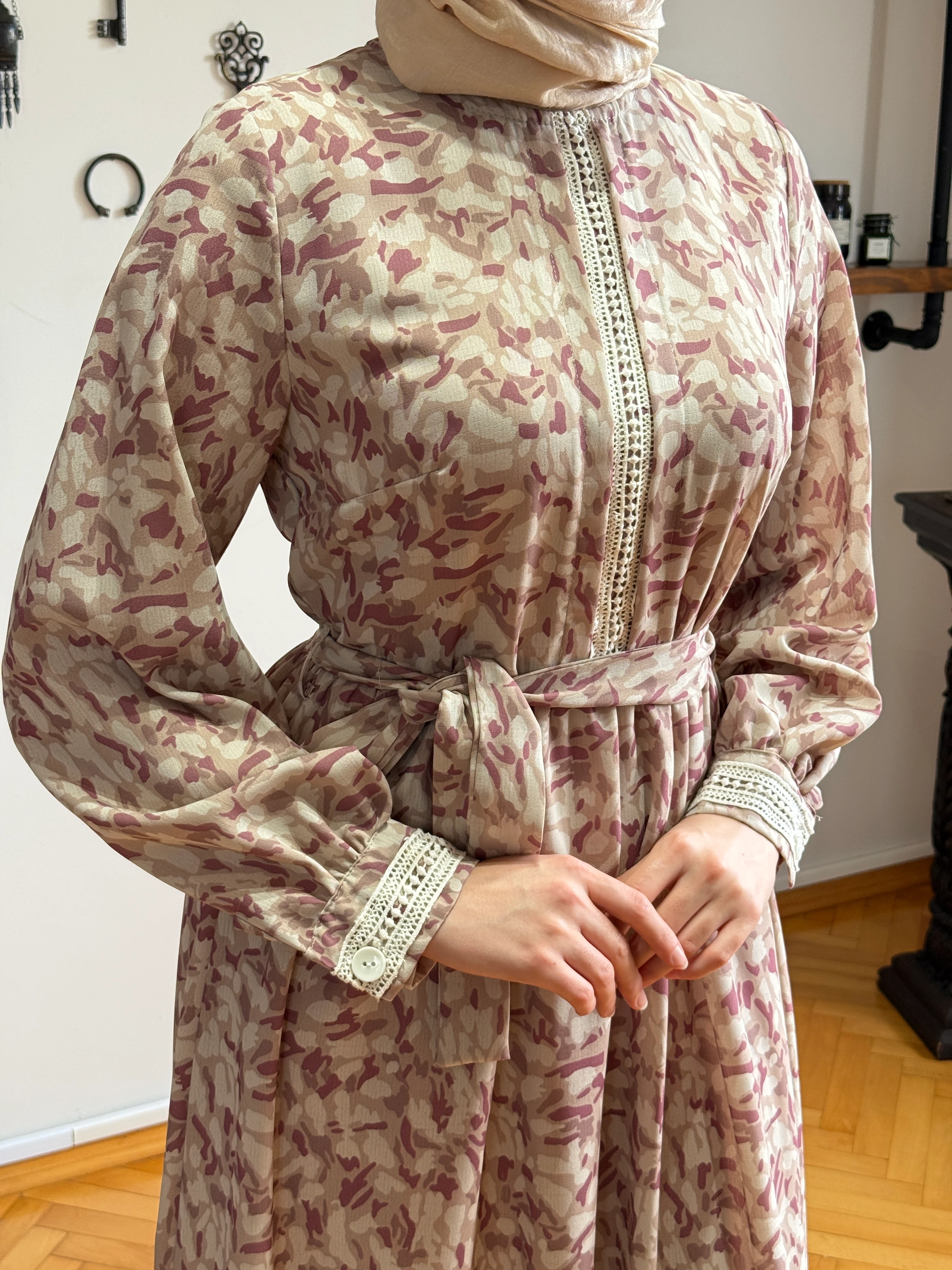 Dantel Detaylı Desenli Keten Elbise 1409 NAVRA | FENDEL