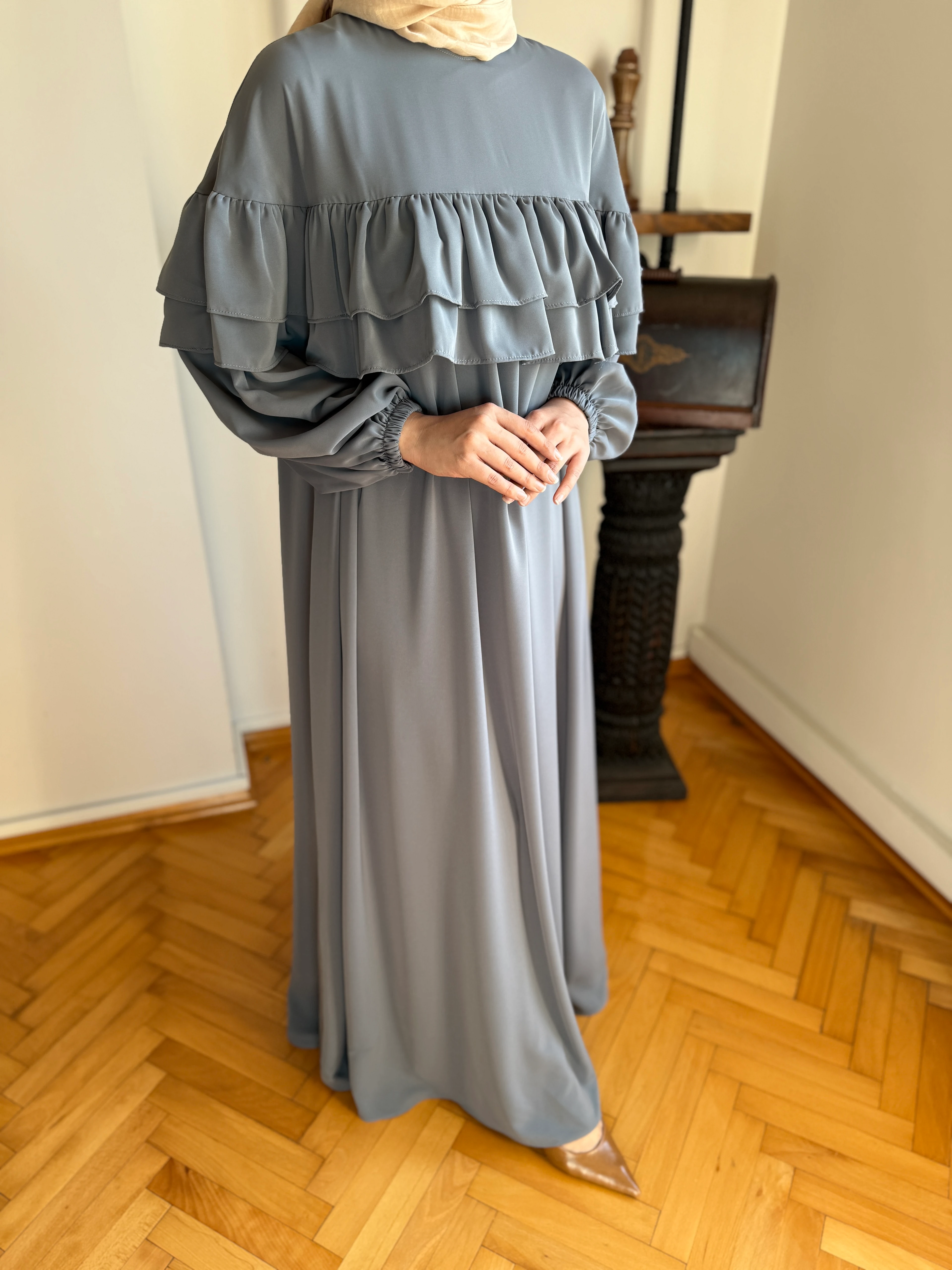 Çift Fırfırlı Robalı Dubai İpeği Elbise 5068 NAVRA | FENDEL