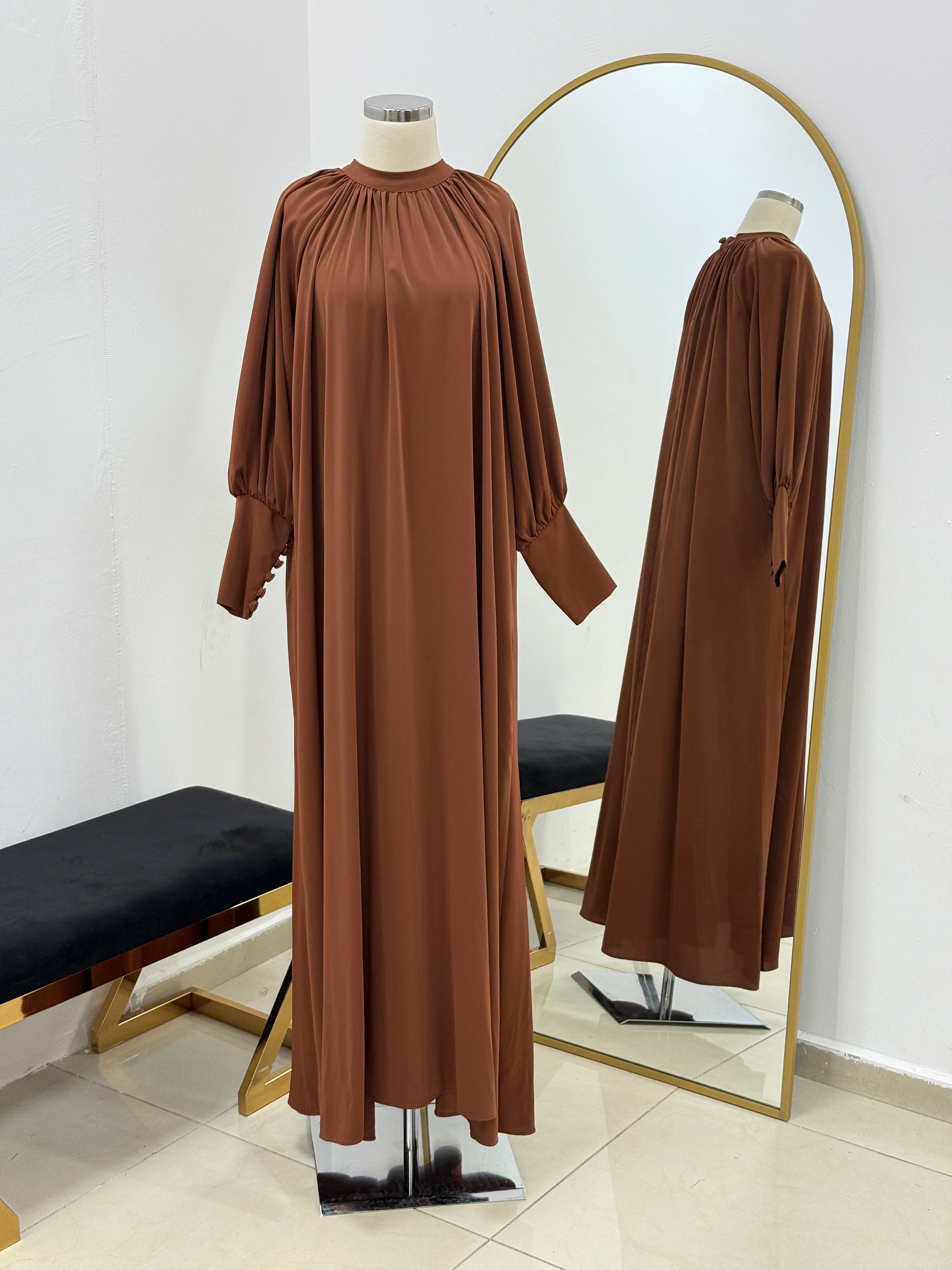 Reglan Kol Büzgülü Elbise 5072 NAVRA | FENDEL - kahverengi