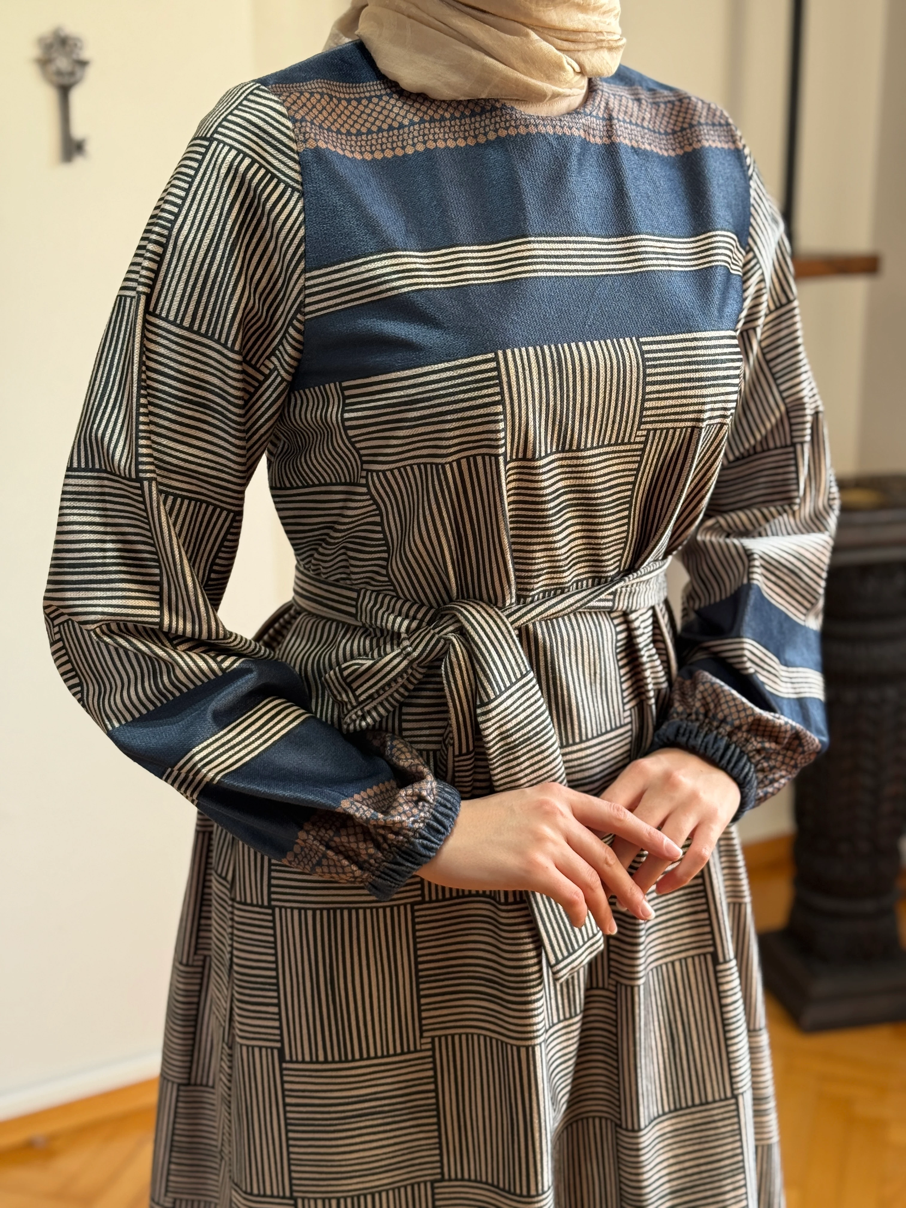 Dama Desen Çizgili Kadife Elbise 2302 NAVRA | FENDEL