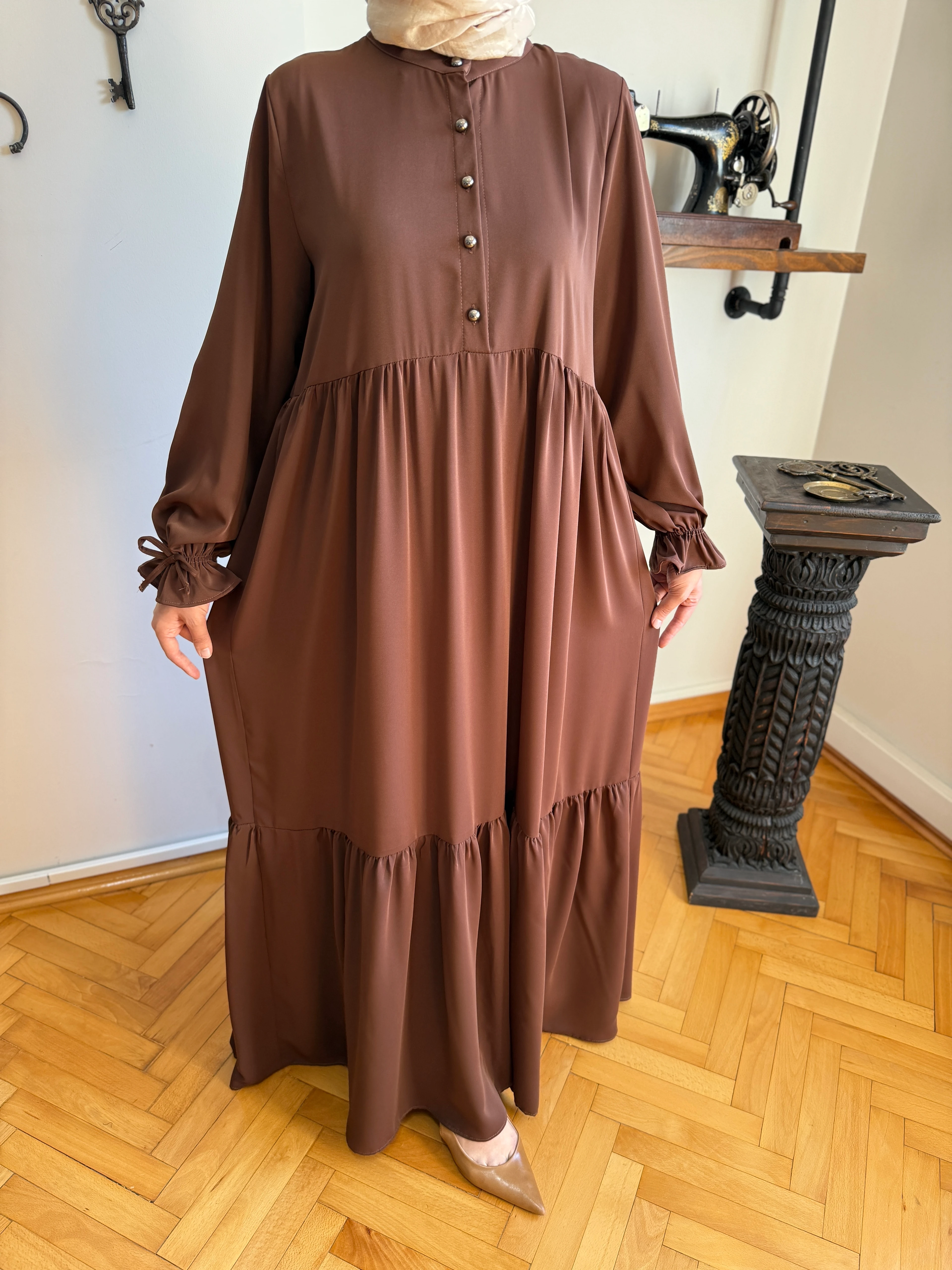 Yarım Patlı 3 Katlı Tesettür Elbise 5078 NAVRA | FENDEL