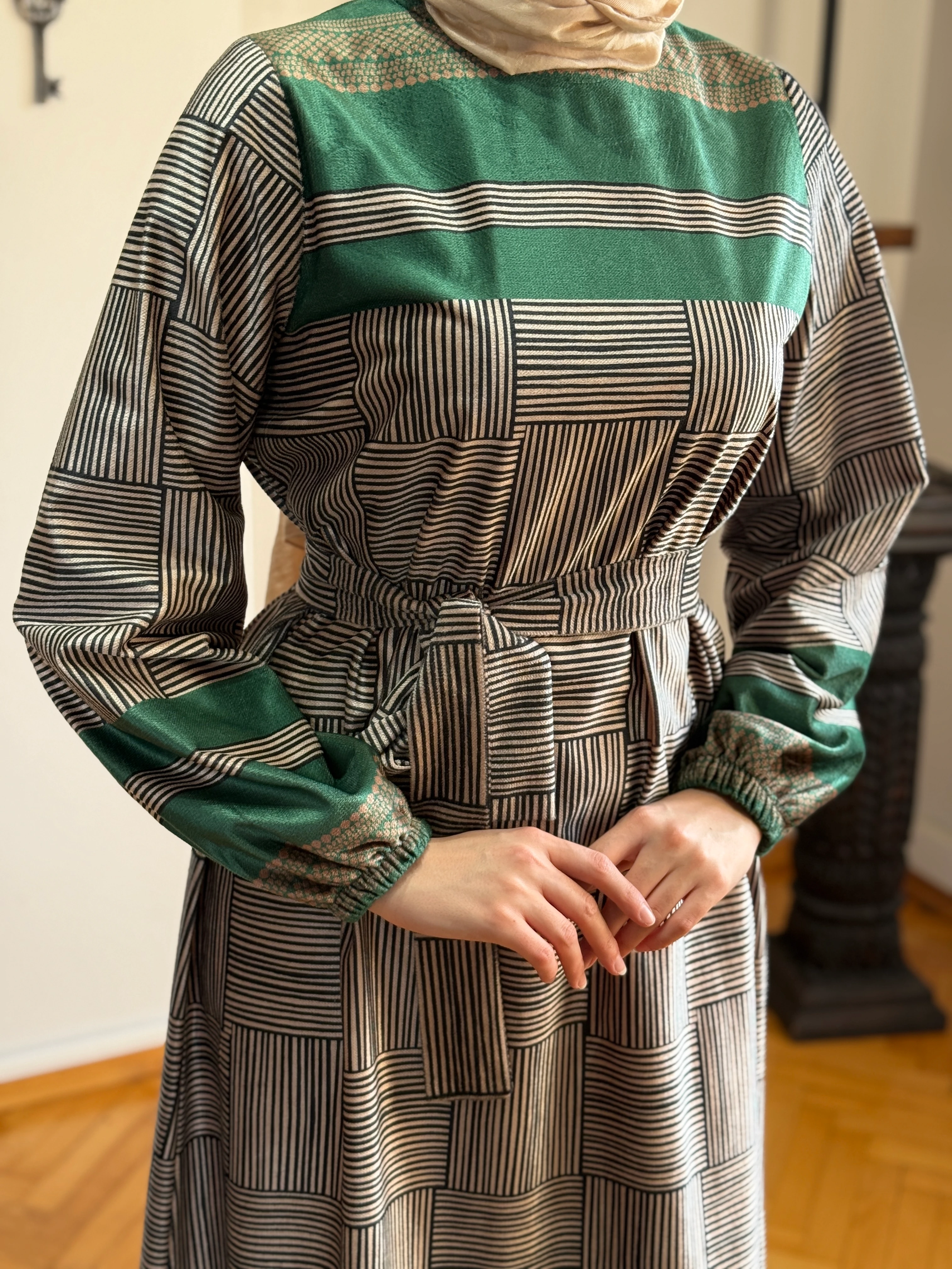 Dama Desen Çizgili Kadife Elbise 2302 NAVRA | FENDEL - yeşil