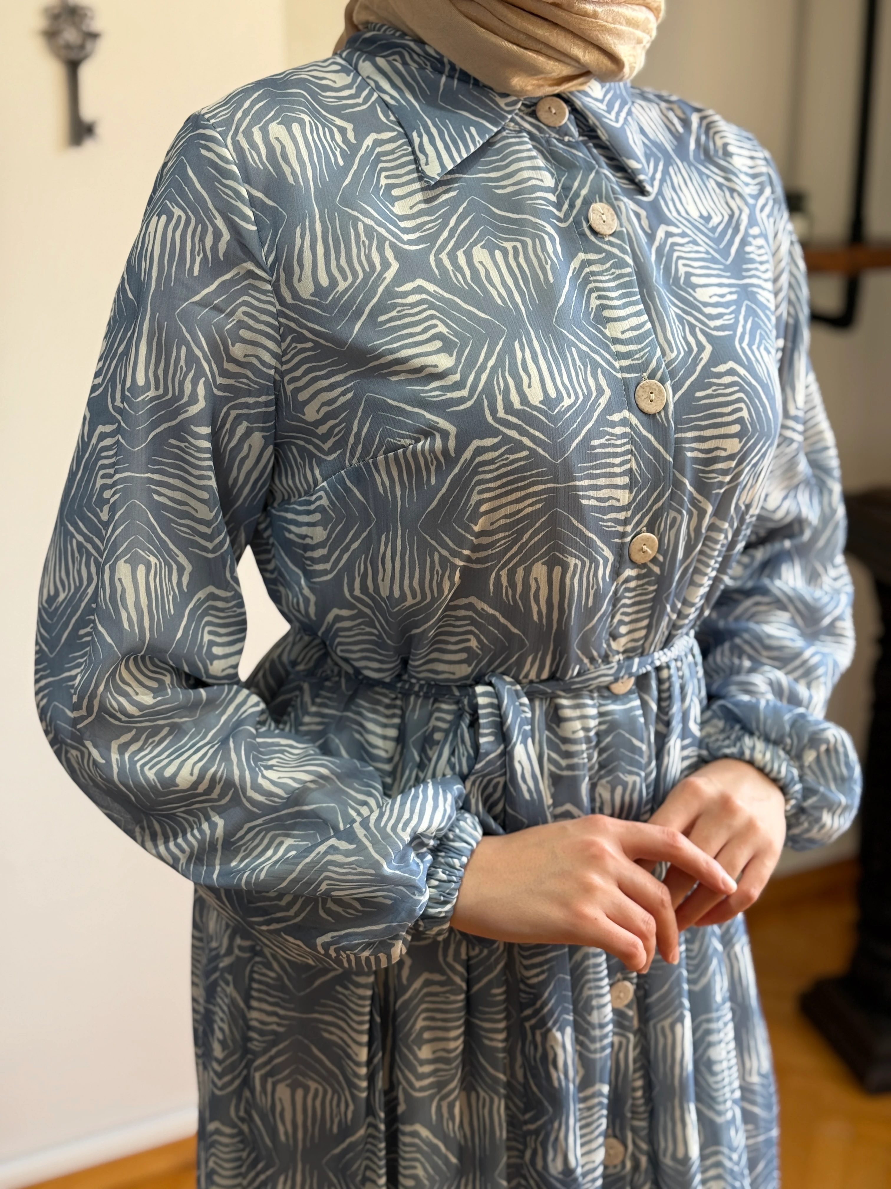 Etnik Desenli Şifon Gömlek Elbise 1550 NAVRA | FENDEL - mavi