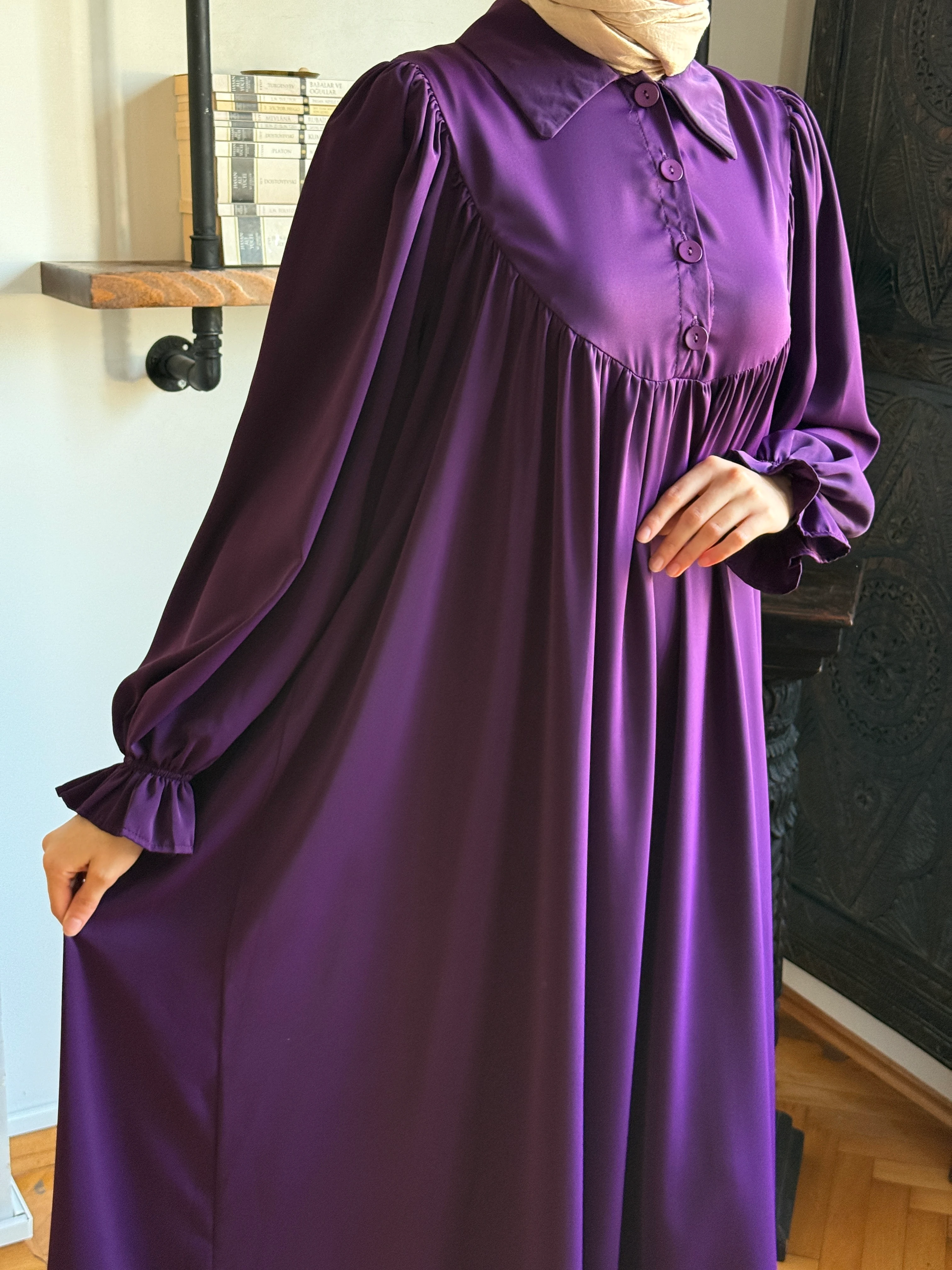 Gömlek Yaka Yarım Pat Dubai İpeği Elbise 1926 NAVRA | FENDEL