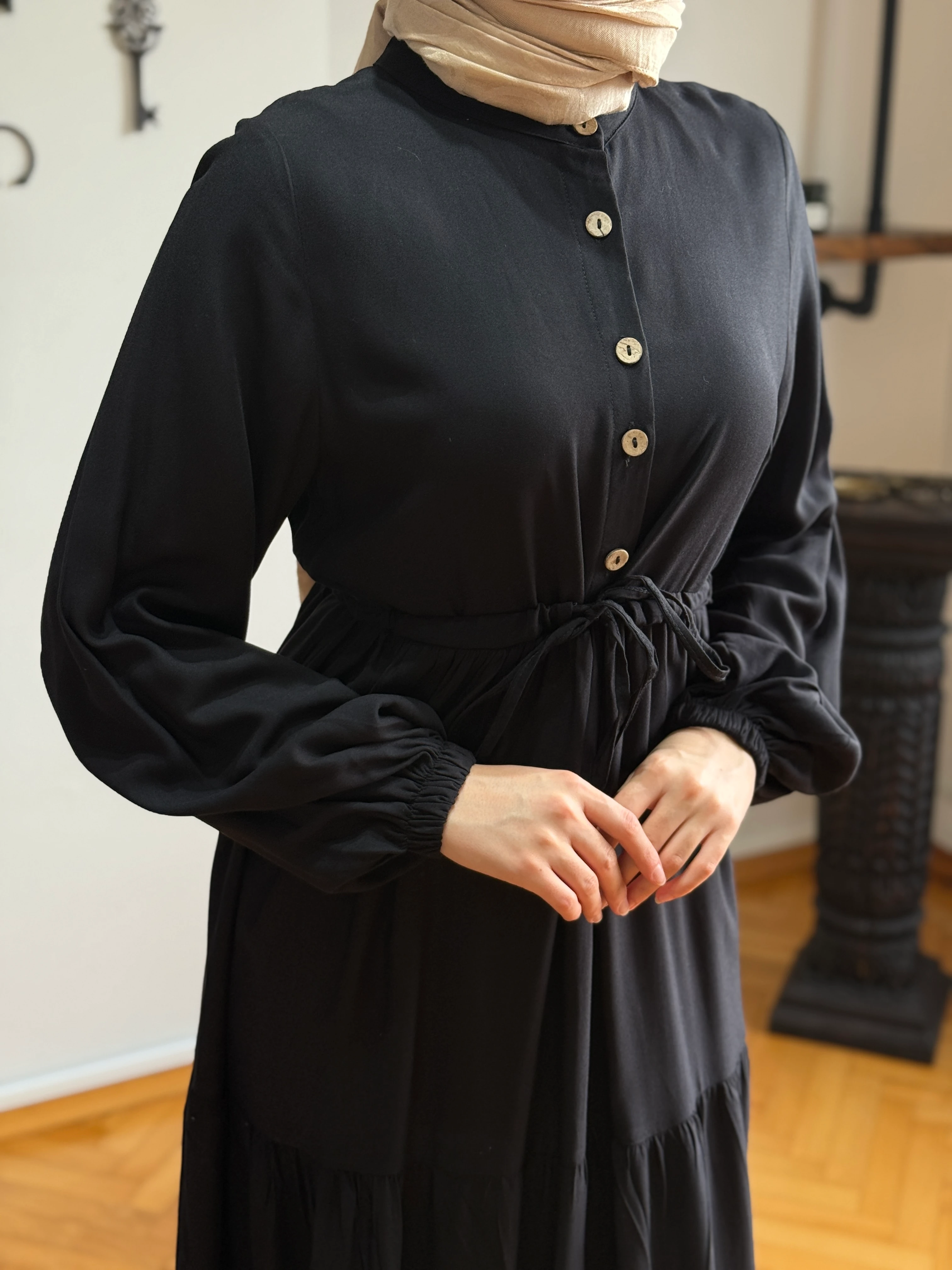 Çingene Bel Bağlamalı Pamuk Elbise 5094 NAVRA | FENDEL - siyah