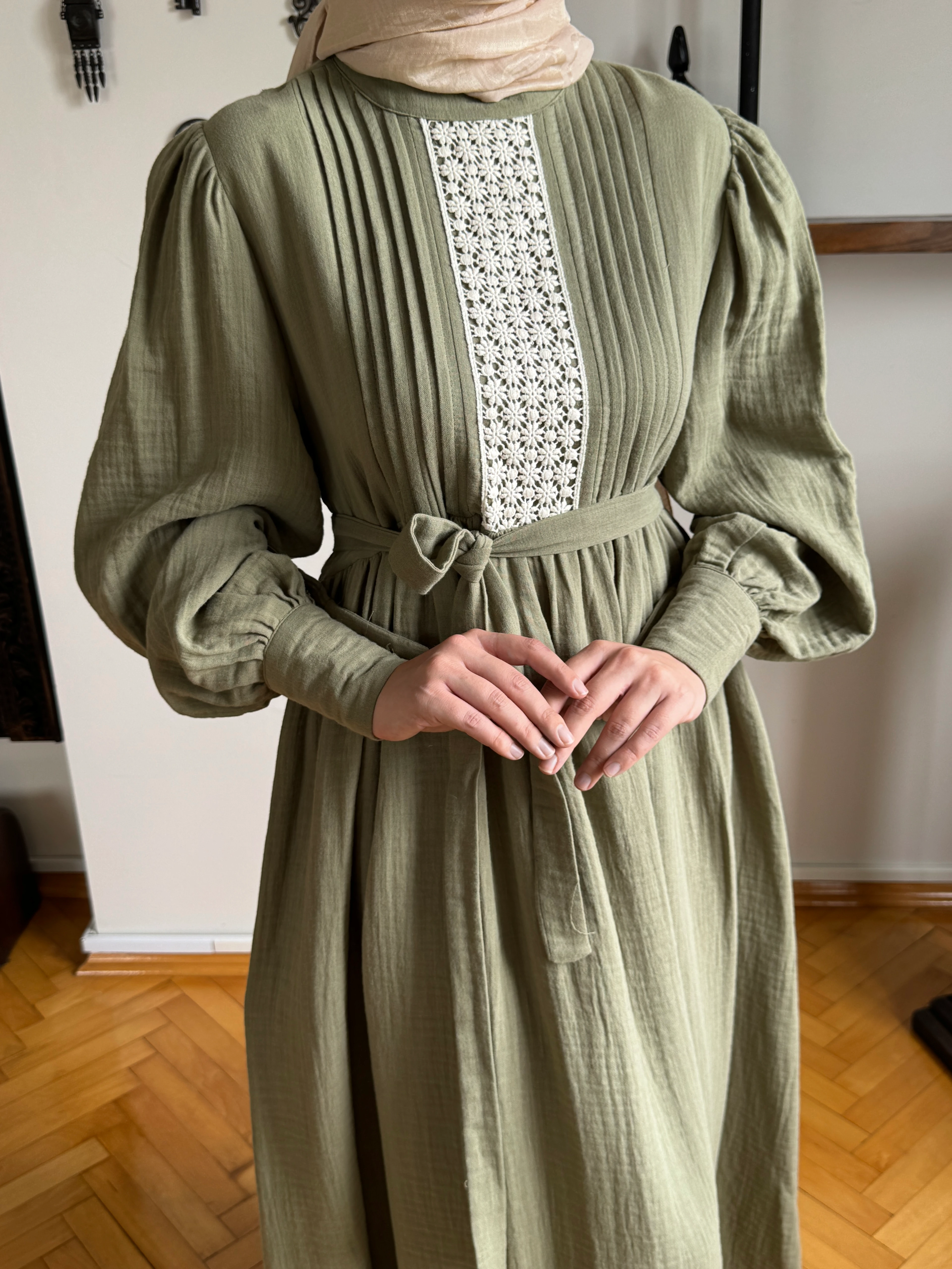 Dantel ve Nervürlü Müslin Elbise 5087 NAVRA | FENDEL