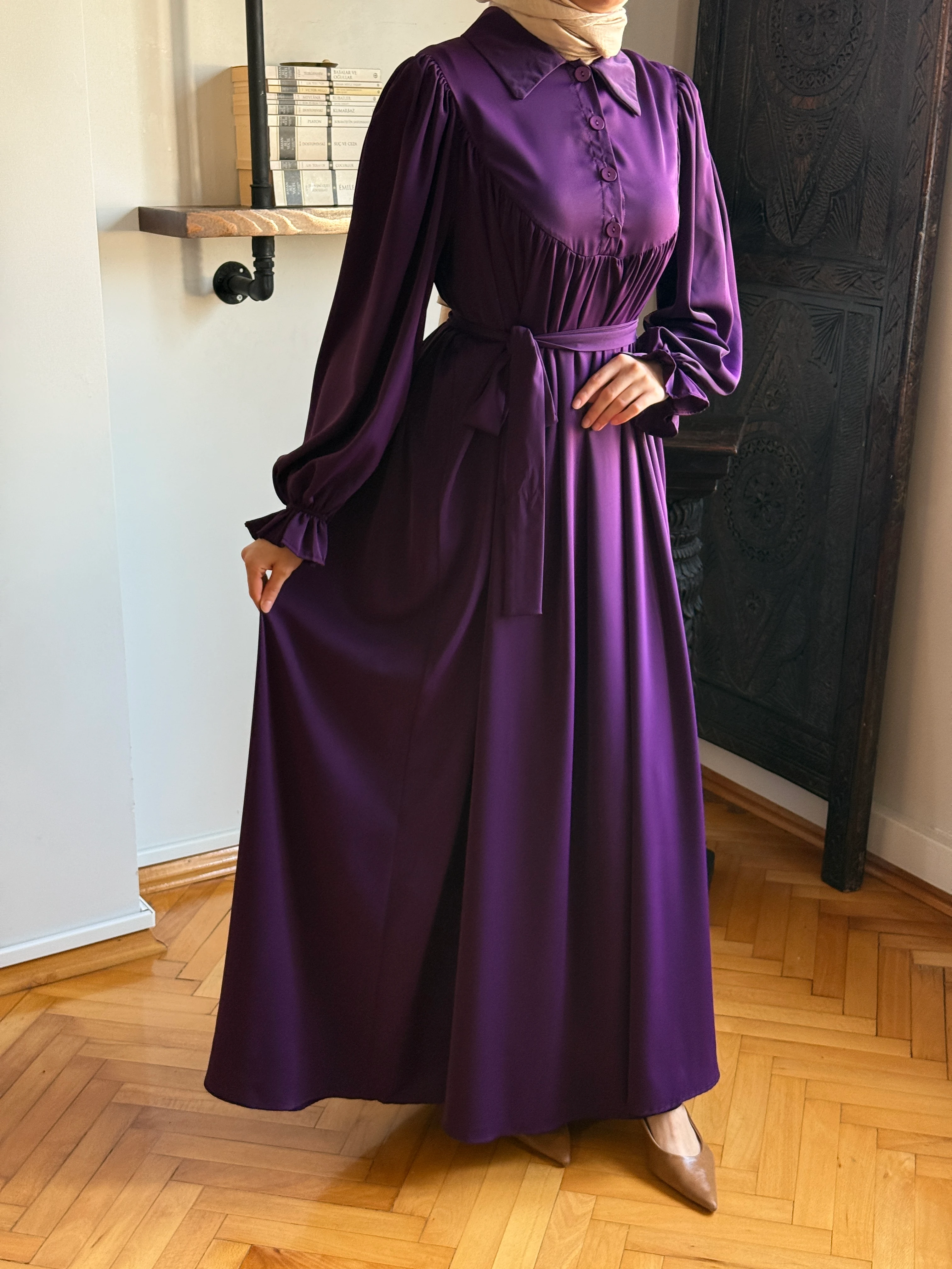 Gömlek Yaka Yarım Pat Dubai İpeği Elbise 1926 NAVRA | FENDEL