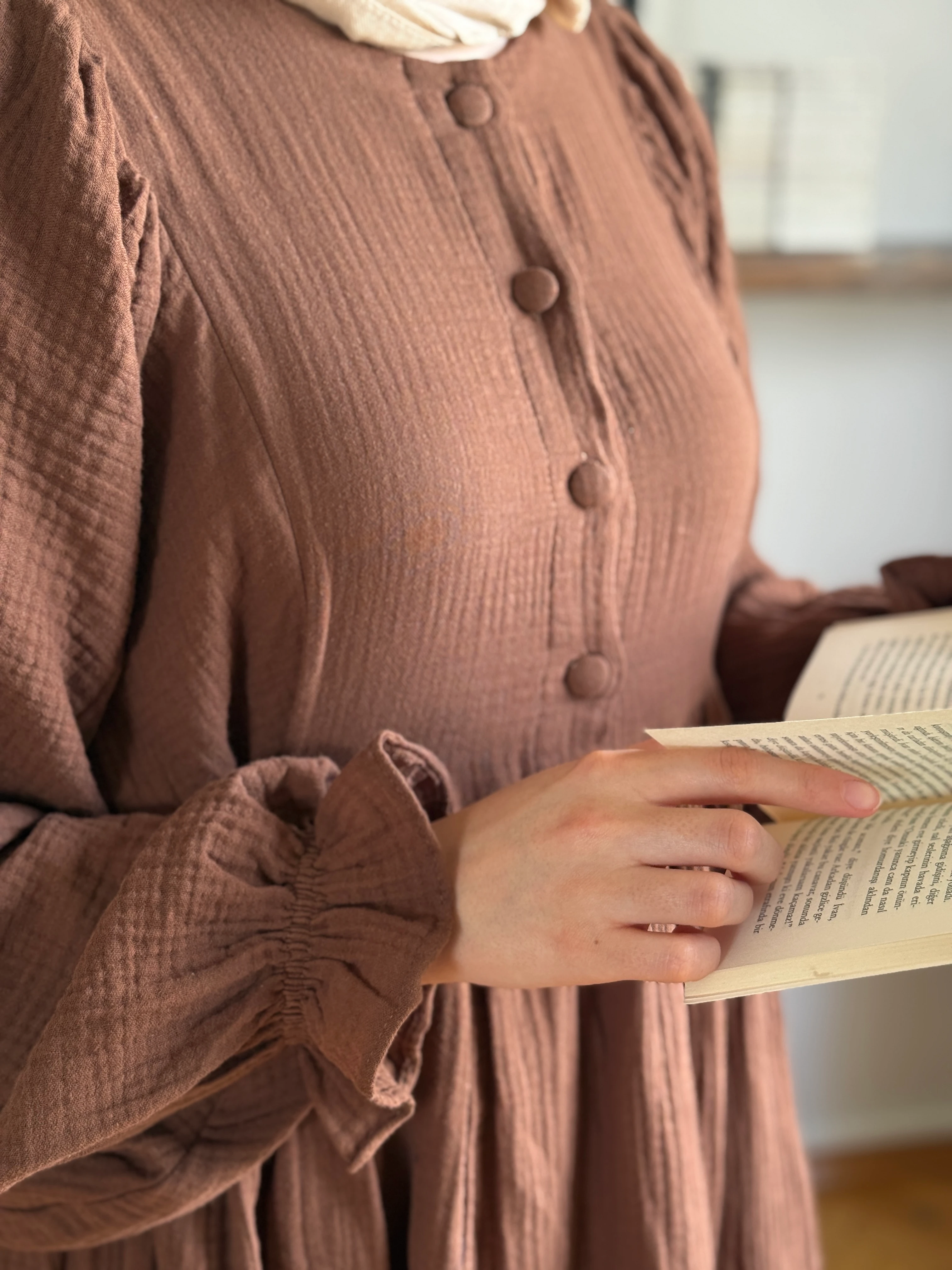 Yarımpat Yandan Bağlamalı Müslin Elbise 1004 NAVRA | FENDEL - kahverengi