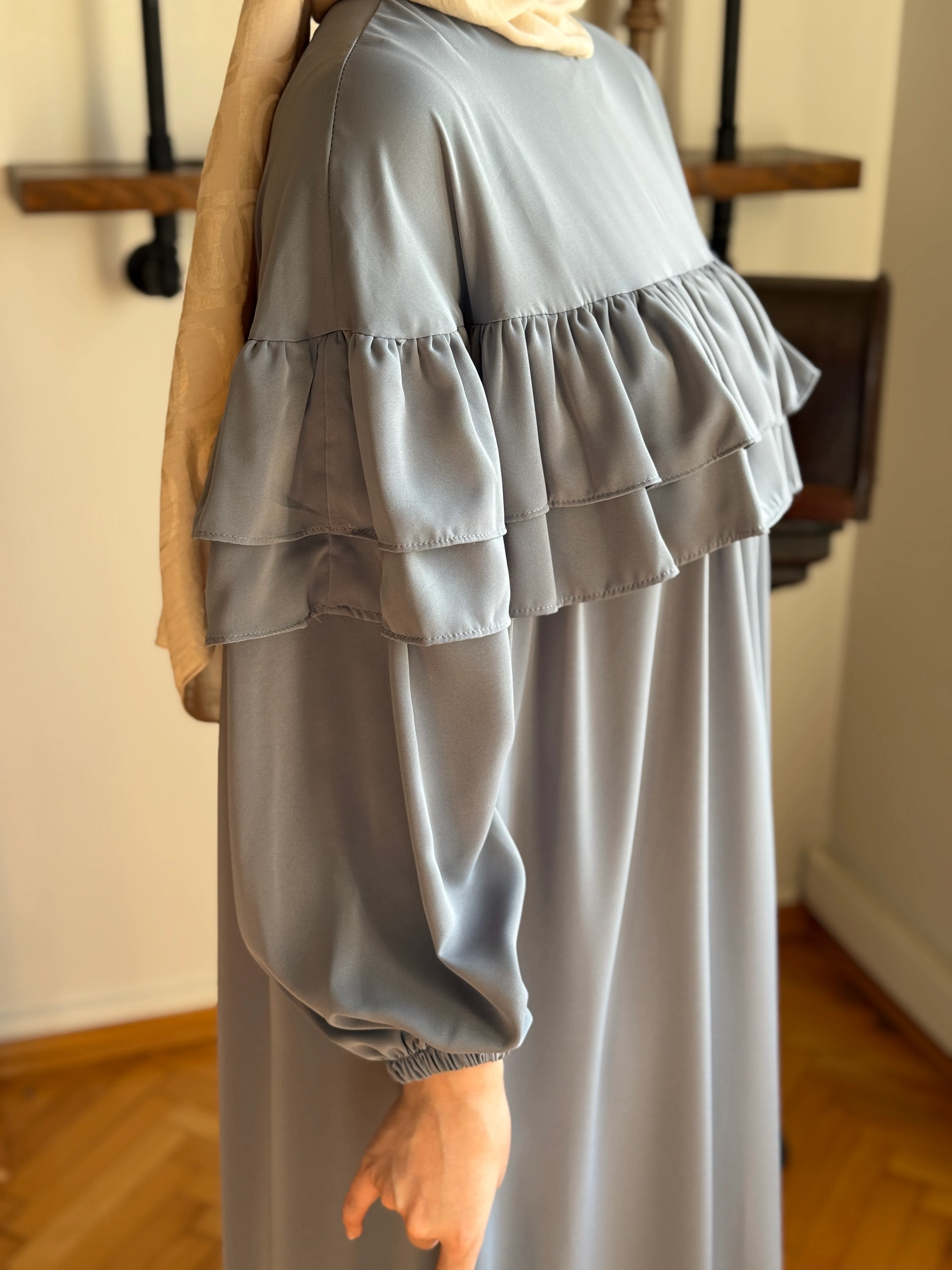 Çift Fırfırlı Robalı Dubai İpeği Elbise 5068 NAVRA | FENDEL