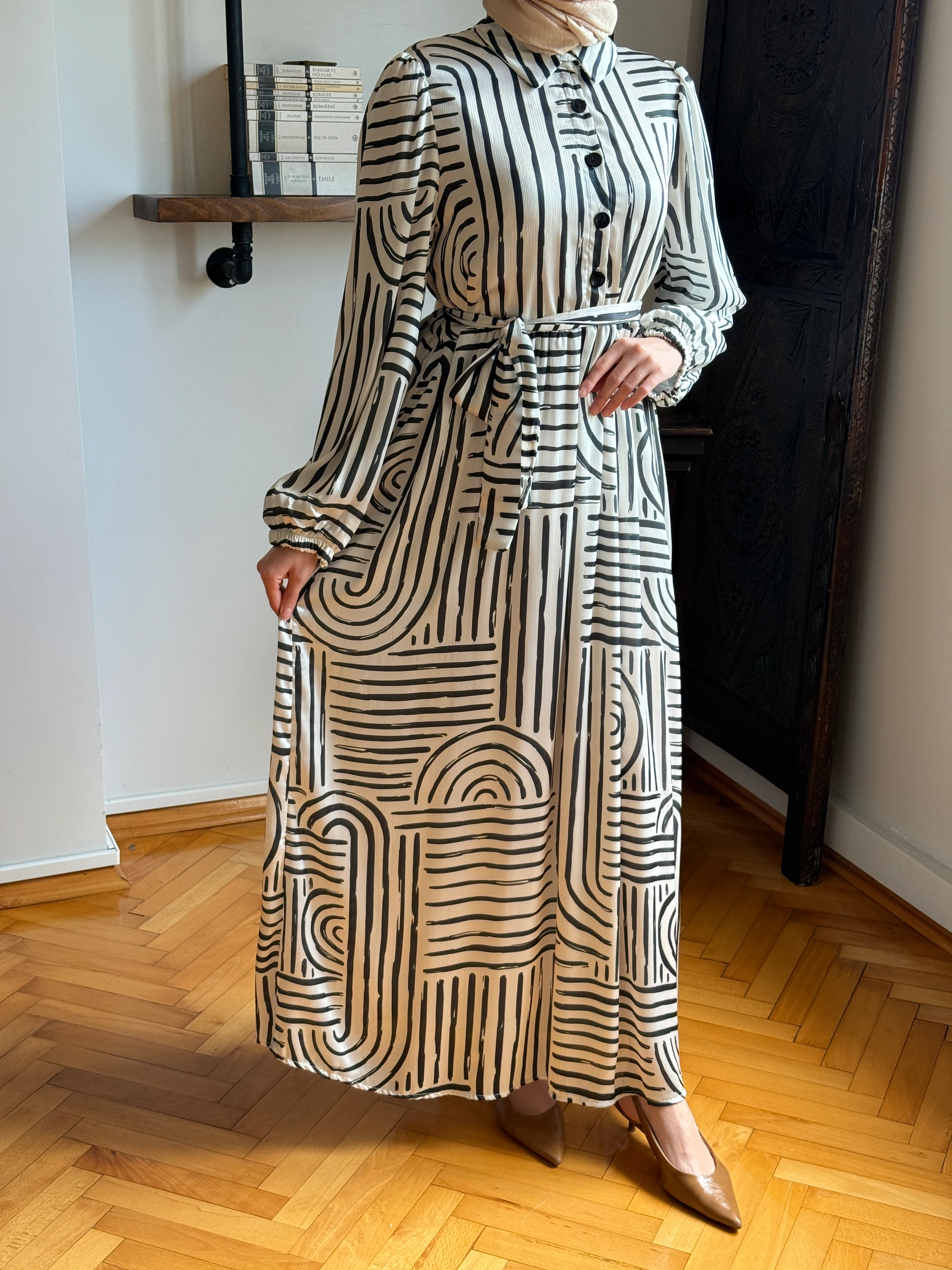 Gömlek Yaka Yarım Pat Desenli Saten Elbise 1873 NAVRA | FENDEL