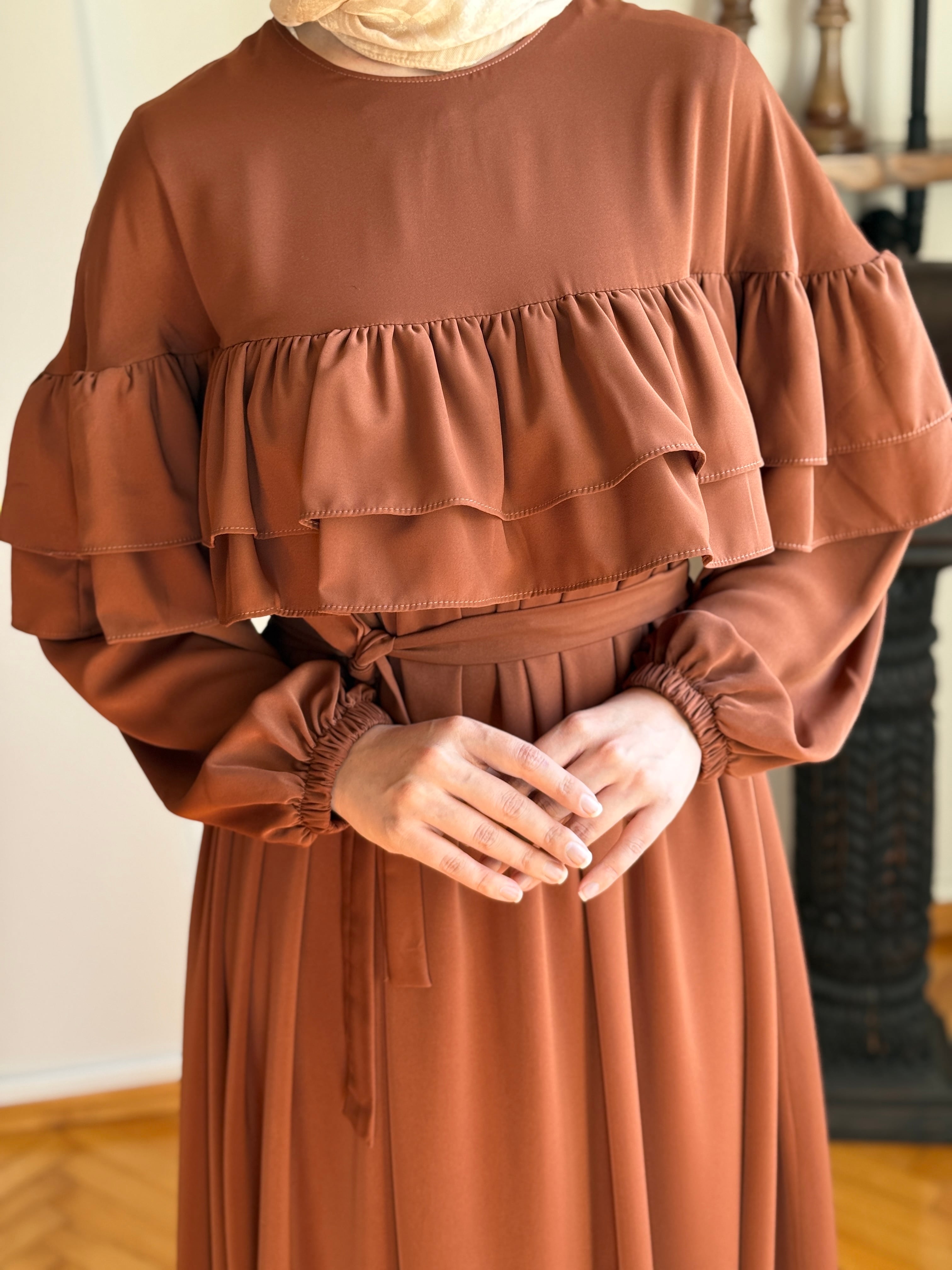 Çift Fırfırlı Robalı Elbise 5068 - taba