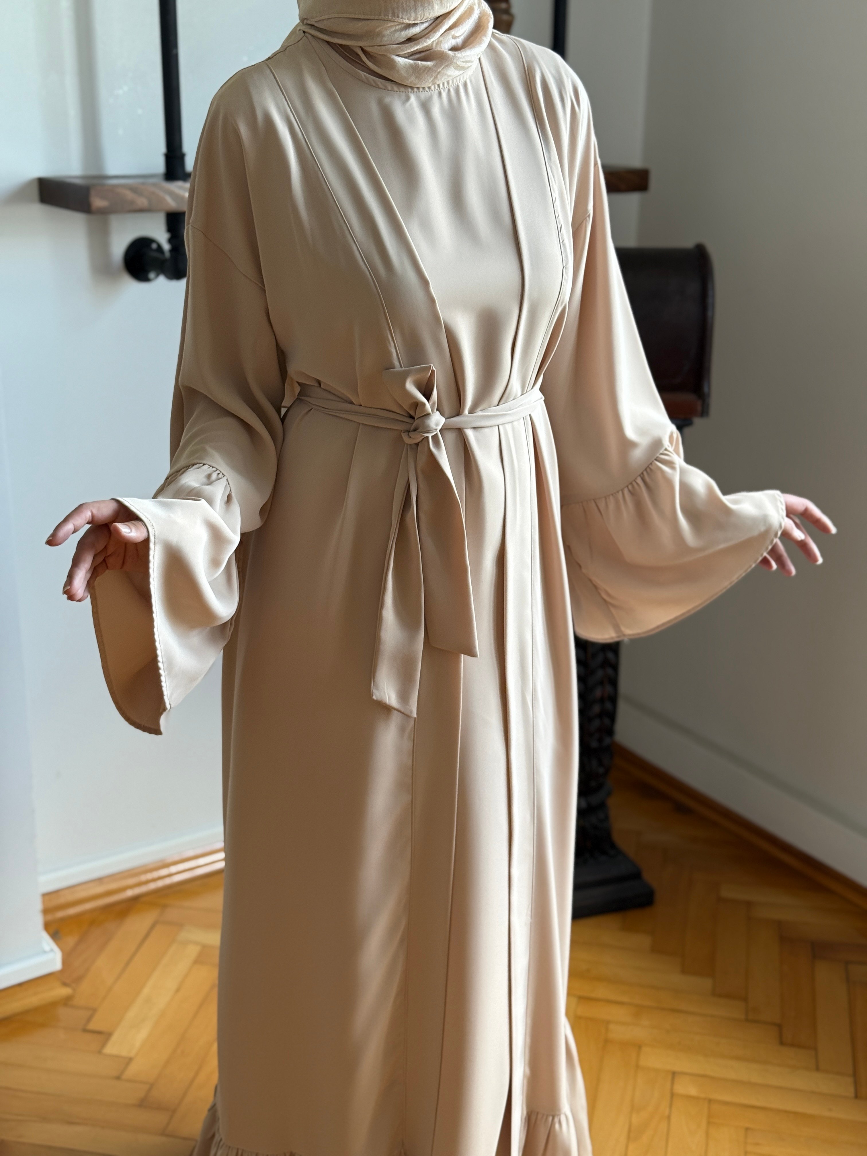 Fırfırlı Ikili Takım Abaya 5038 - koyu bej