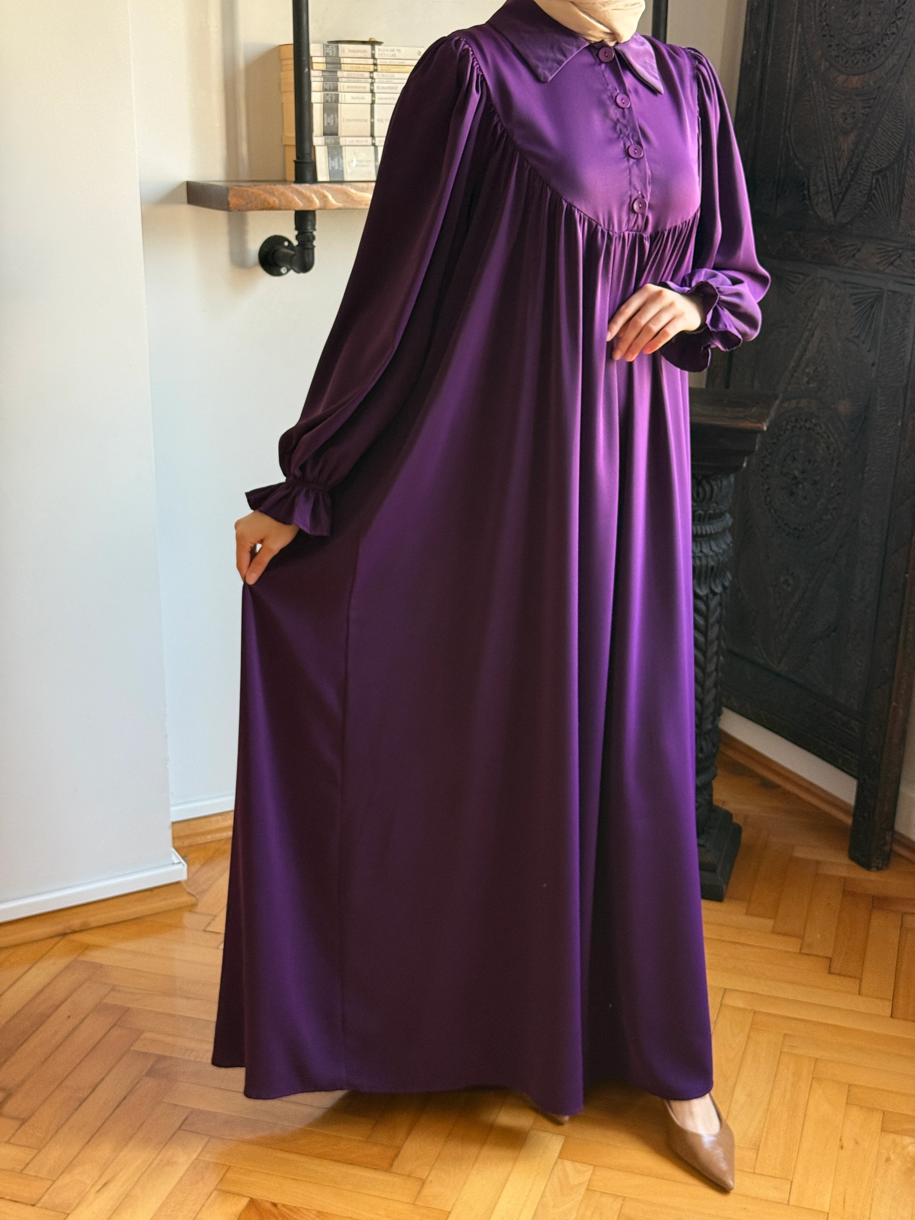 Gömlek Yaka Yarım Pat Dubai İpeği Elbise 1926 NAVRA | FENDEL