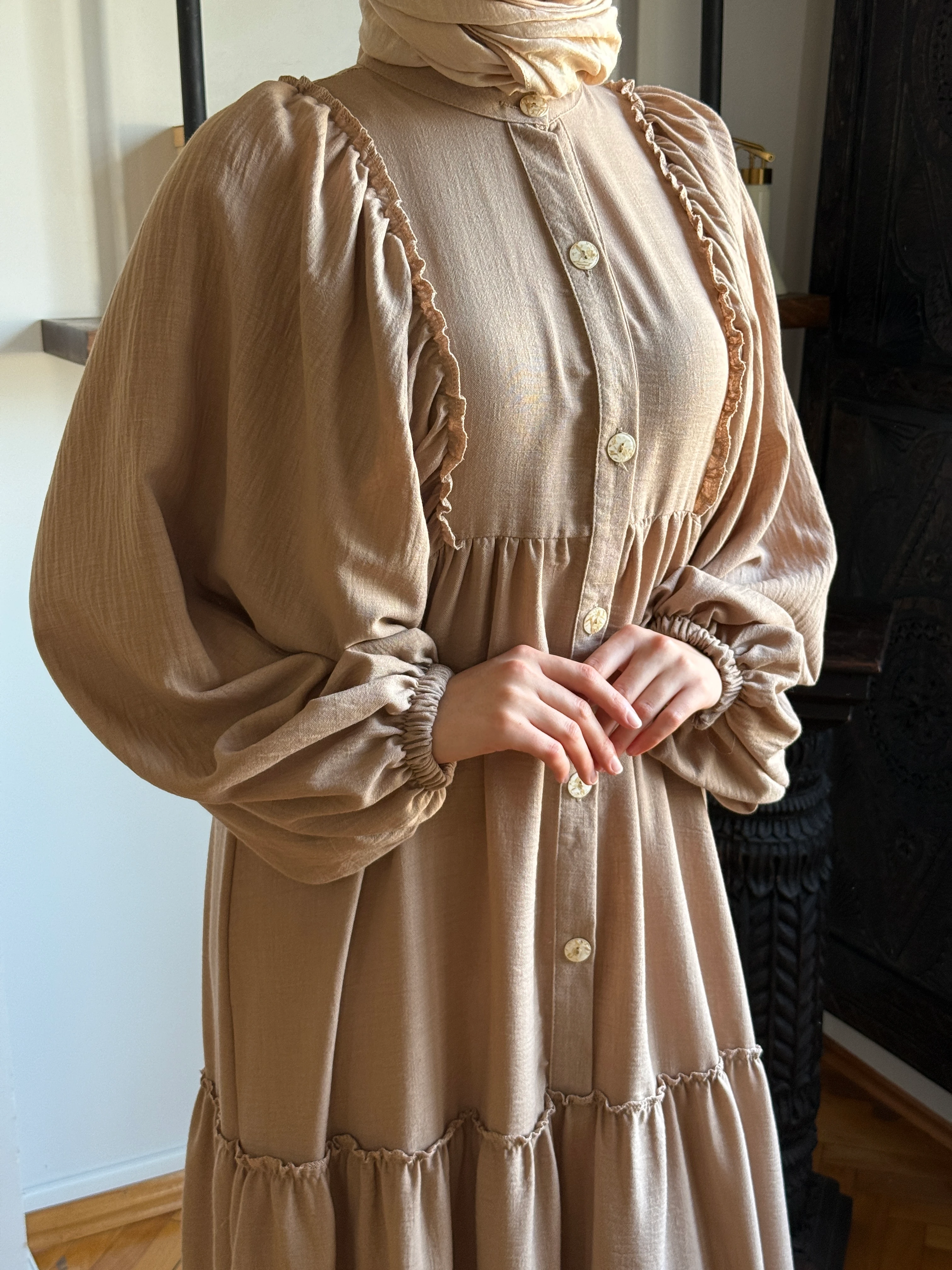 Salaş Büzgülü Keten Elbise 1922 NAVRA | FENDEL - vizon