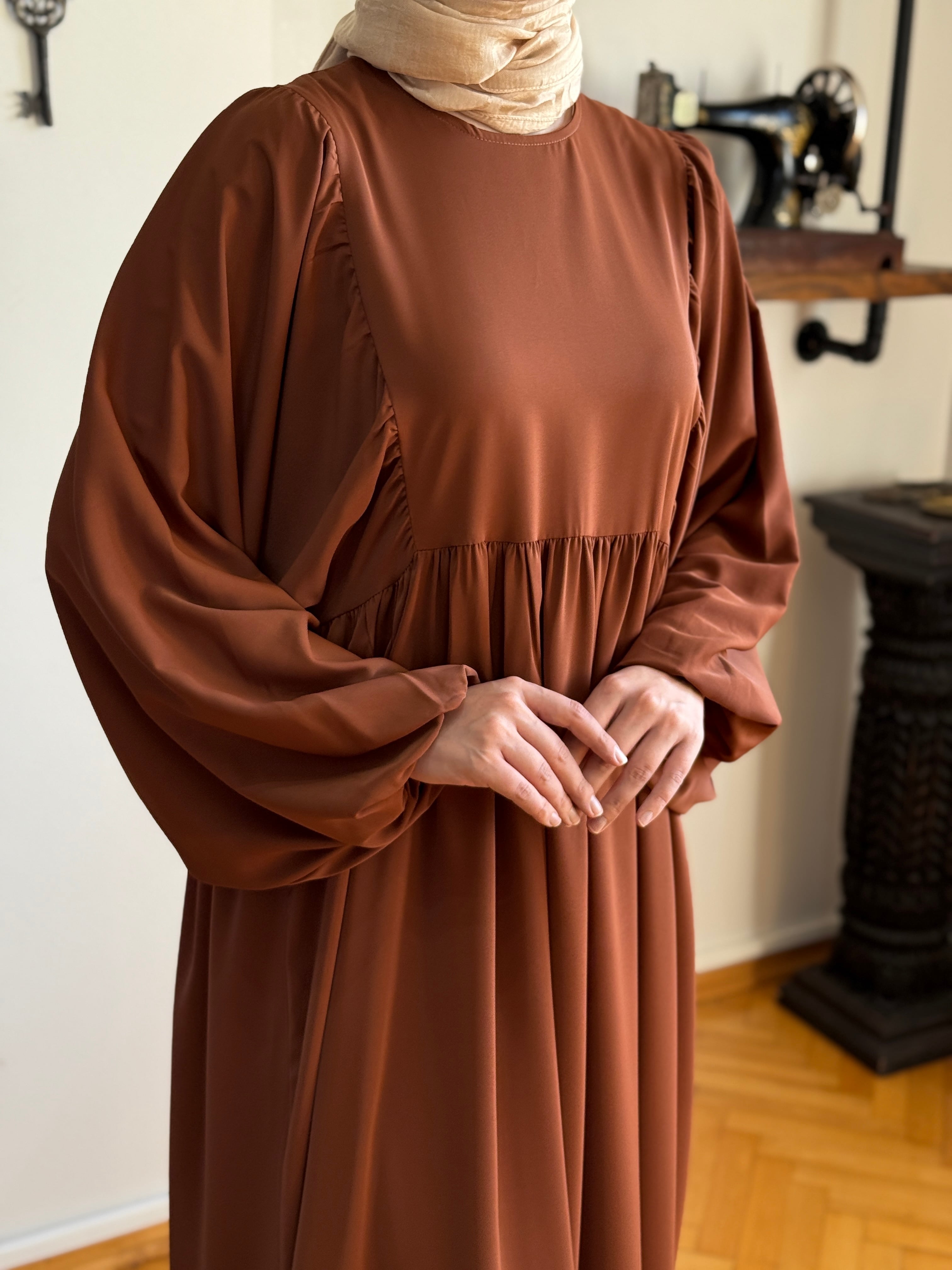 Balon Kollu Oversize Elbise 5096 - kahverengi