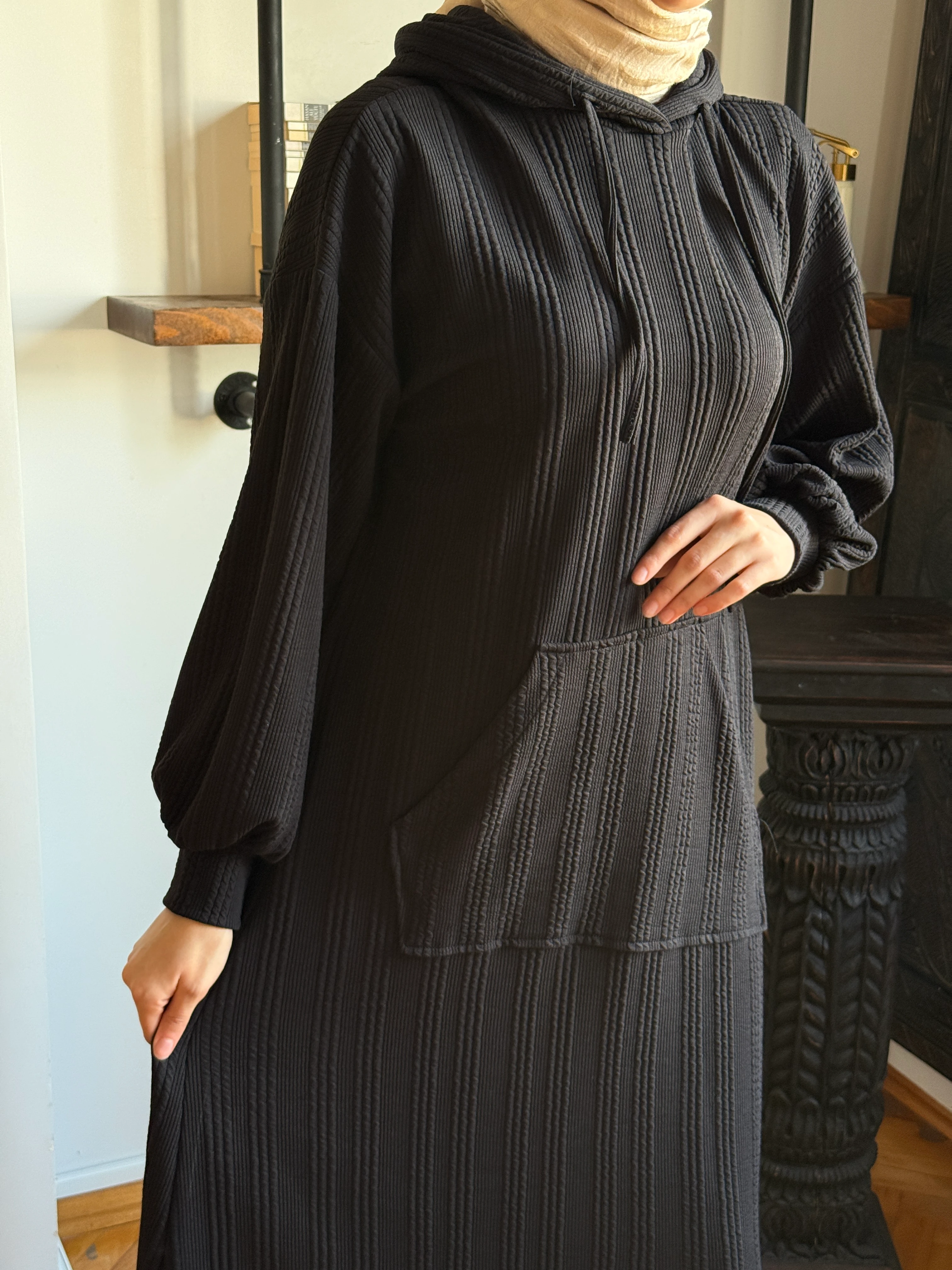 Kapüşonlu Cepli Örme Elbise 2401 NAVRA | FENDEL