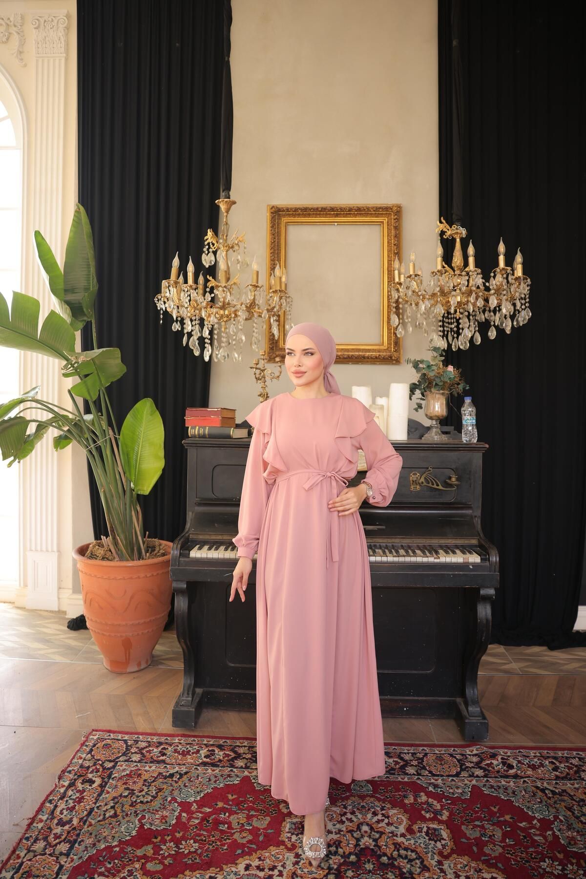 Omuz Volanlı Krep Tesettür Elbise 5090 NAVRA | FENDEL - pudra