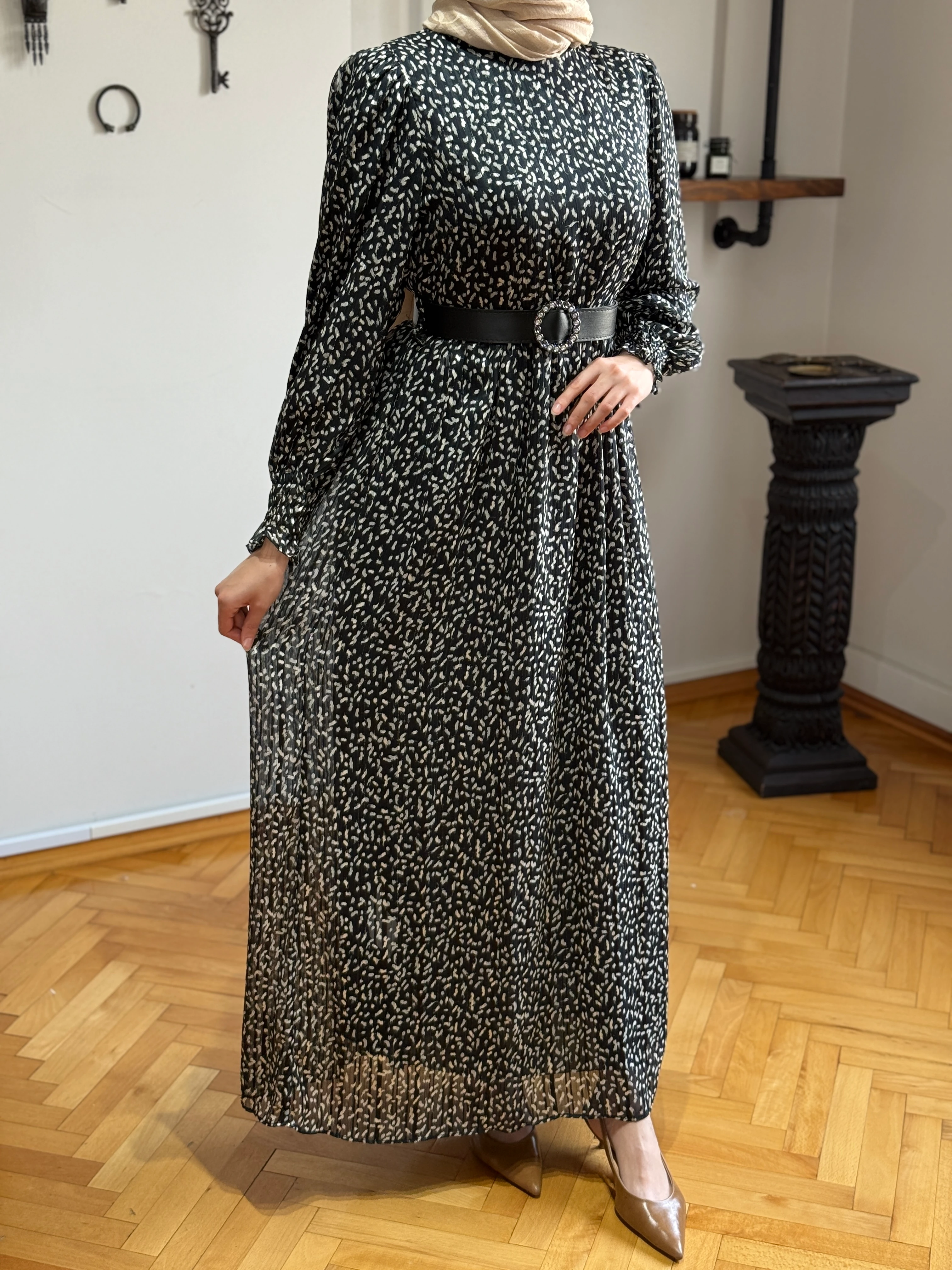 Balonkol Simli Şifon Elbise 1679 NAVRA | FENDEL