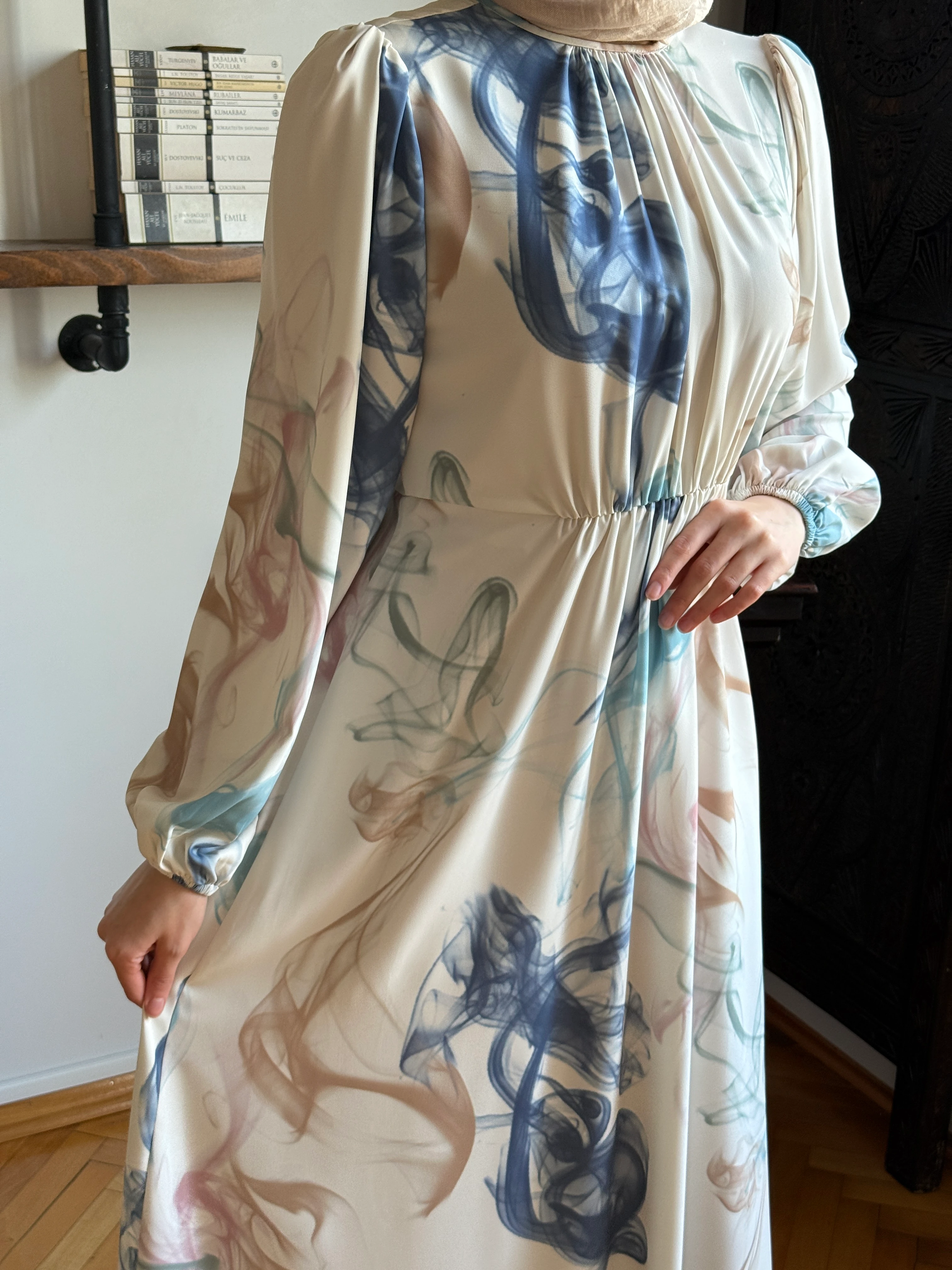 Bel Lastikli Desenli Saten Elbise 1841 NAVRA | FENDEL