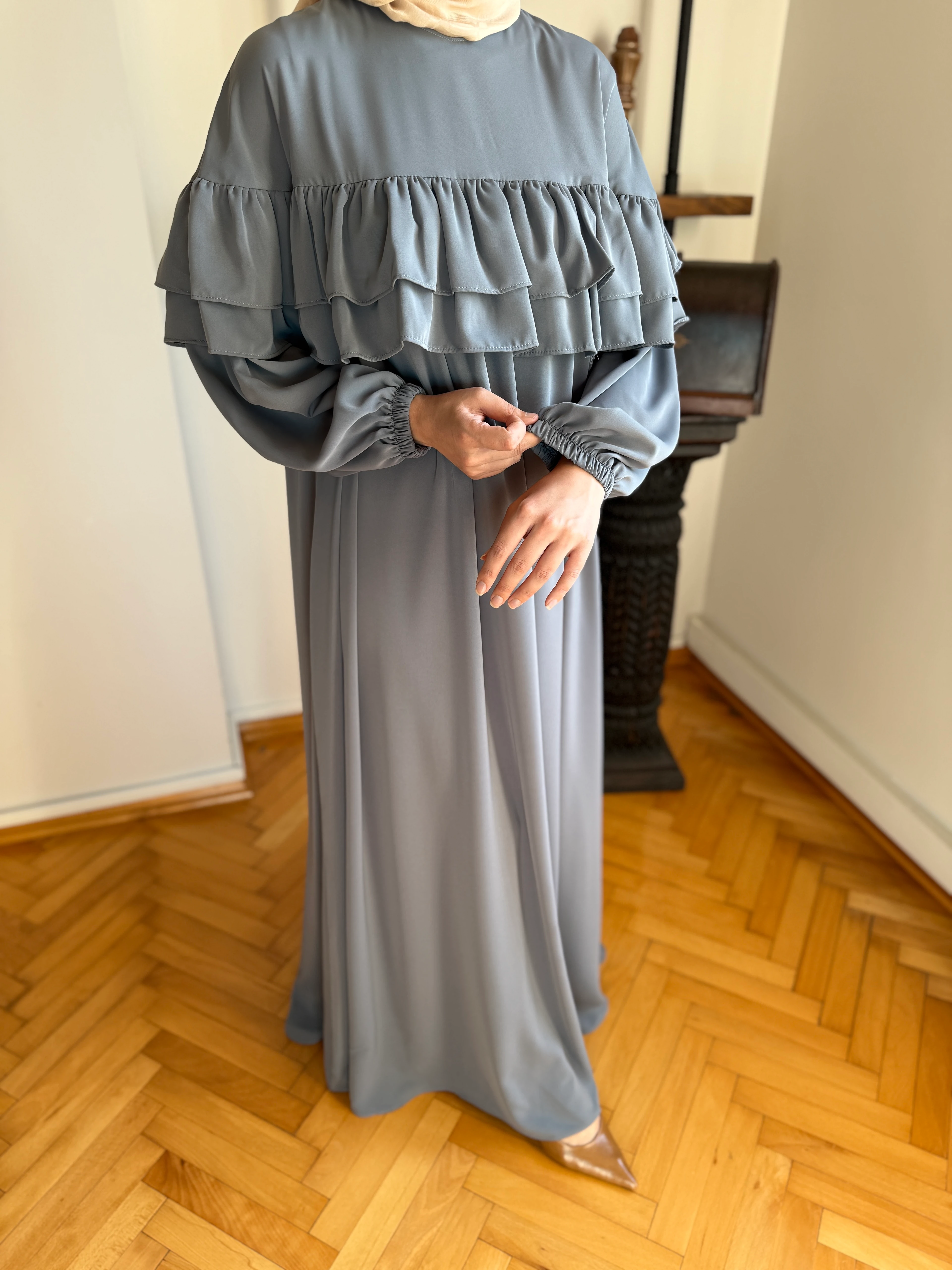 Çift Fırfırlı Robalı Dubai İpeği Elbise 5068 NAVRA | FENDEL