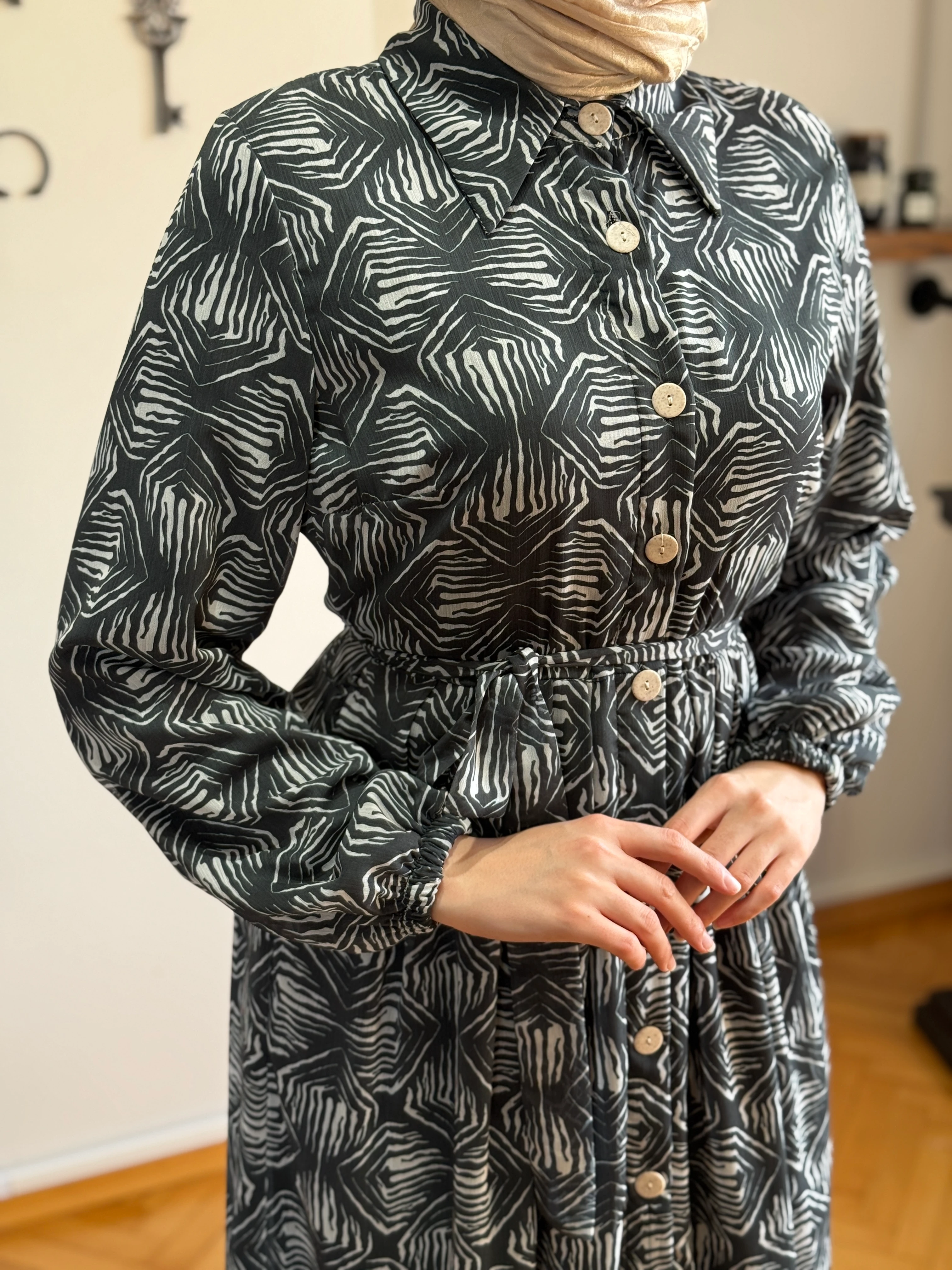 Etnik Desenli Şifon Gömlek Elbise 1550 NAVRA | FENDEL - siyah