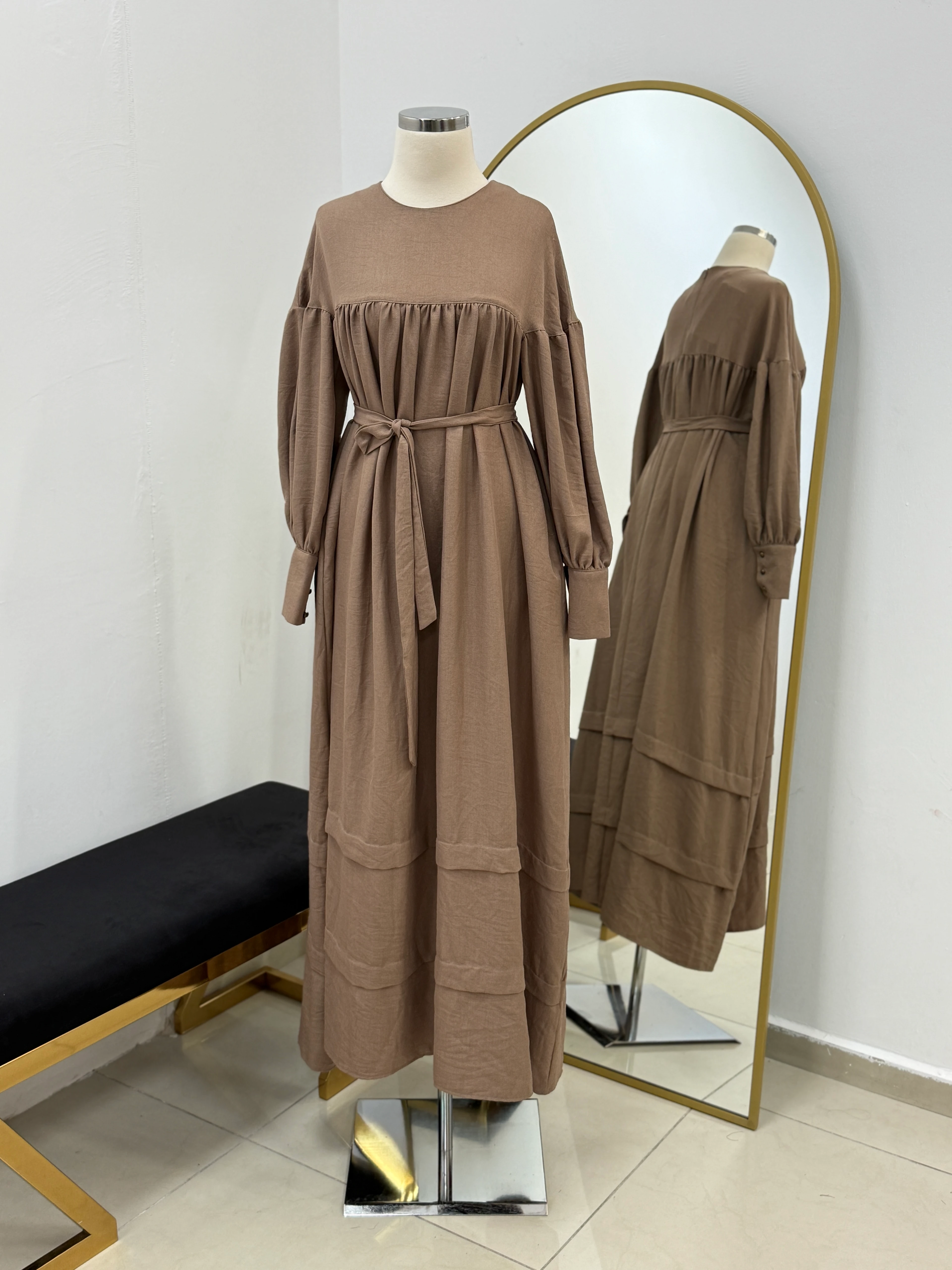 Çift Bantlı Salaş Keten Elbise 5069 NAVRA | FENDEL - vizon