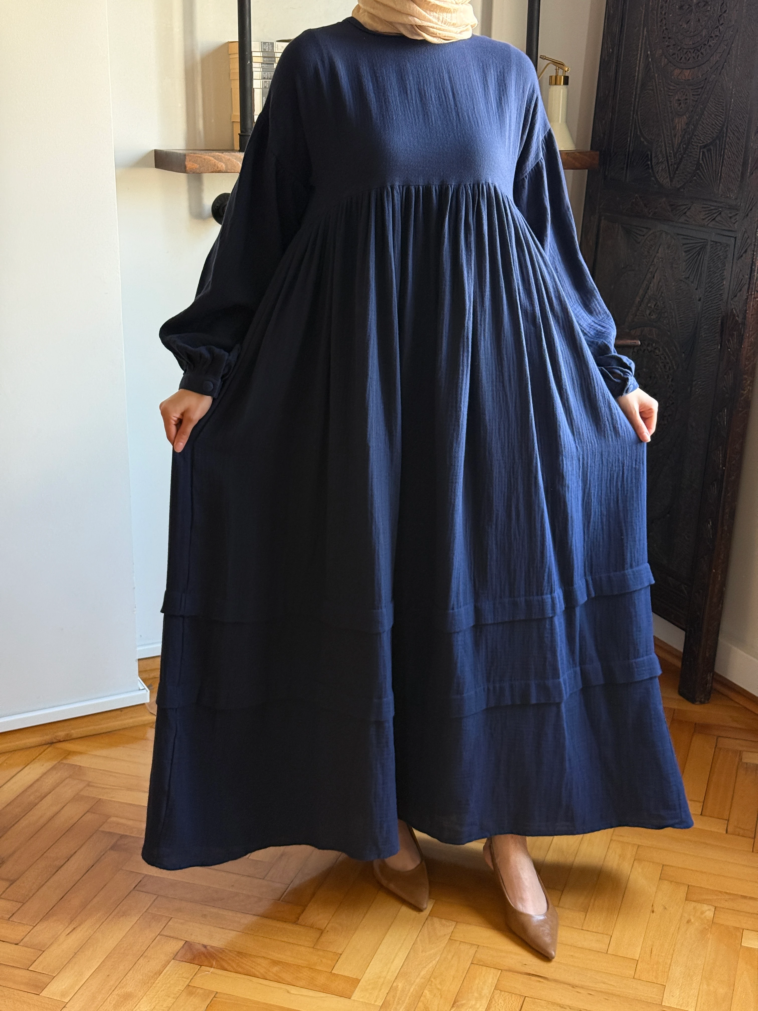 Oversize Çift Bant Müslin Elbise 1009 NAVRA | FENDEL