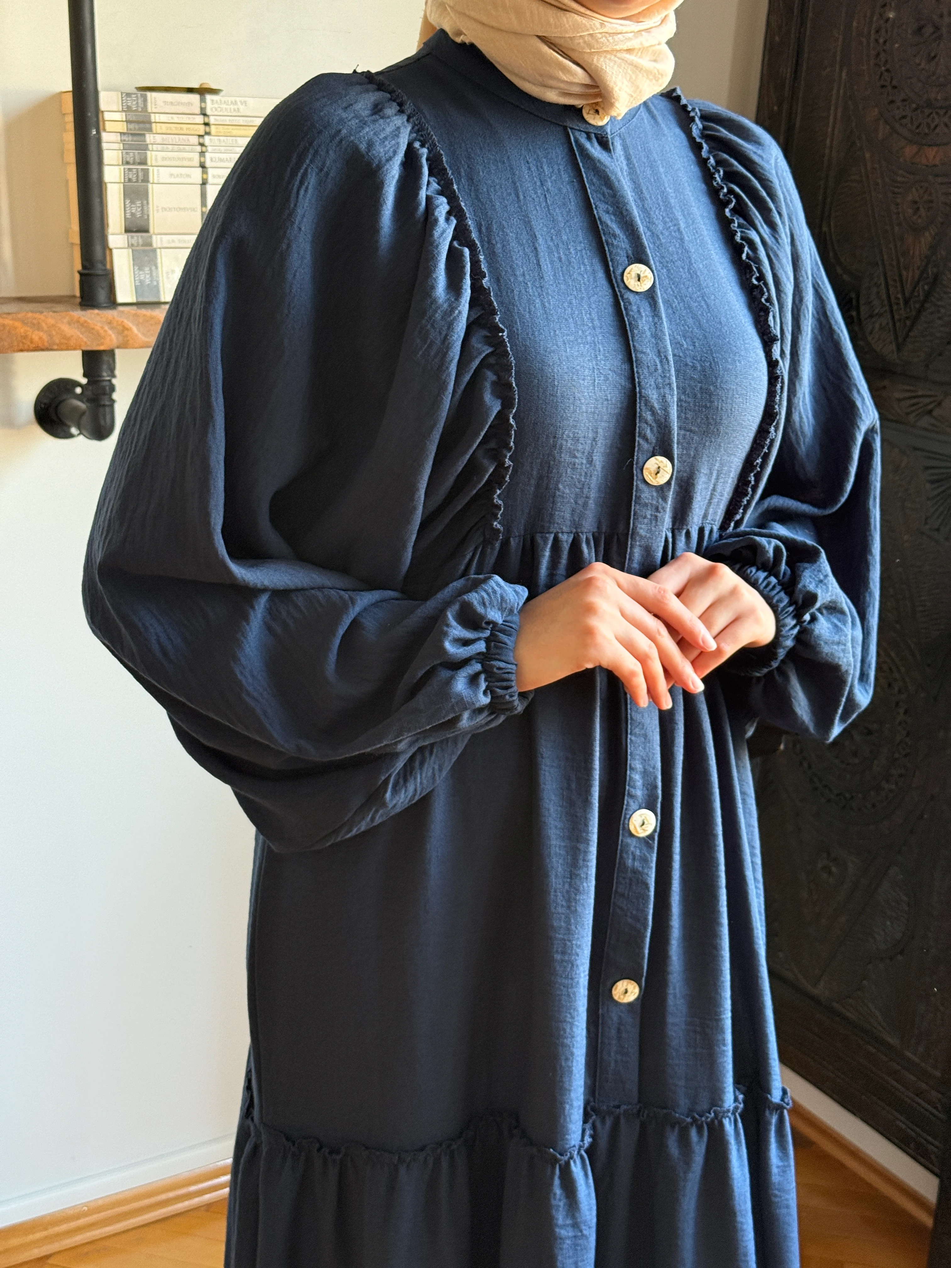 Salaş Büzgülü Keten Elbise 1922 NAVRA | FENDEL - lacivert