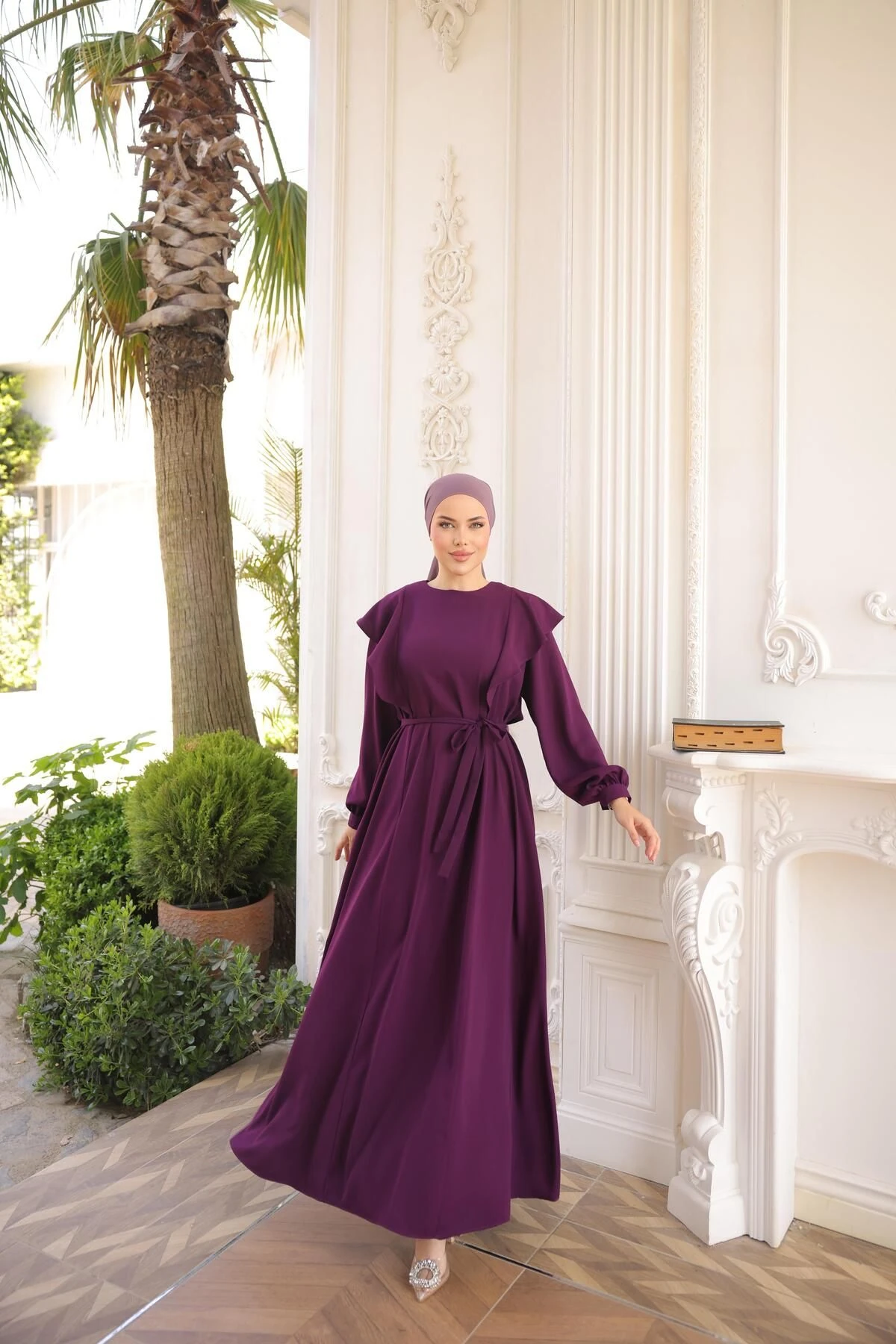 Omuz Volanlı Krep Tesettür Elbise 5090 NAVRA | FENDEL - mürdüm