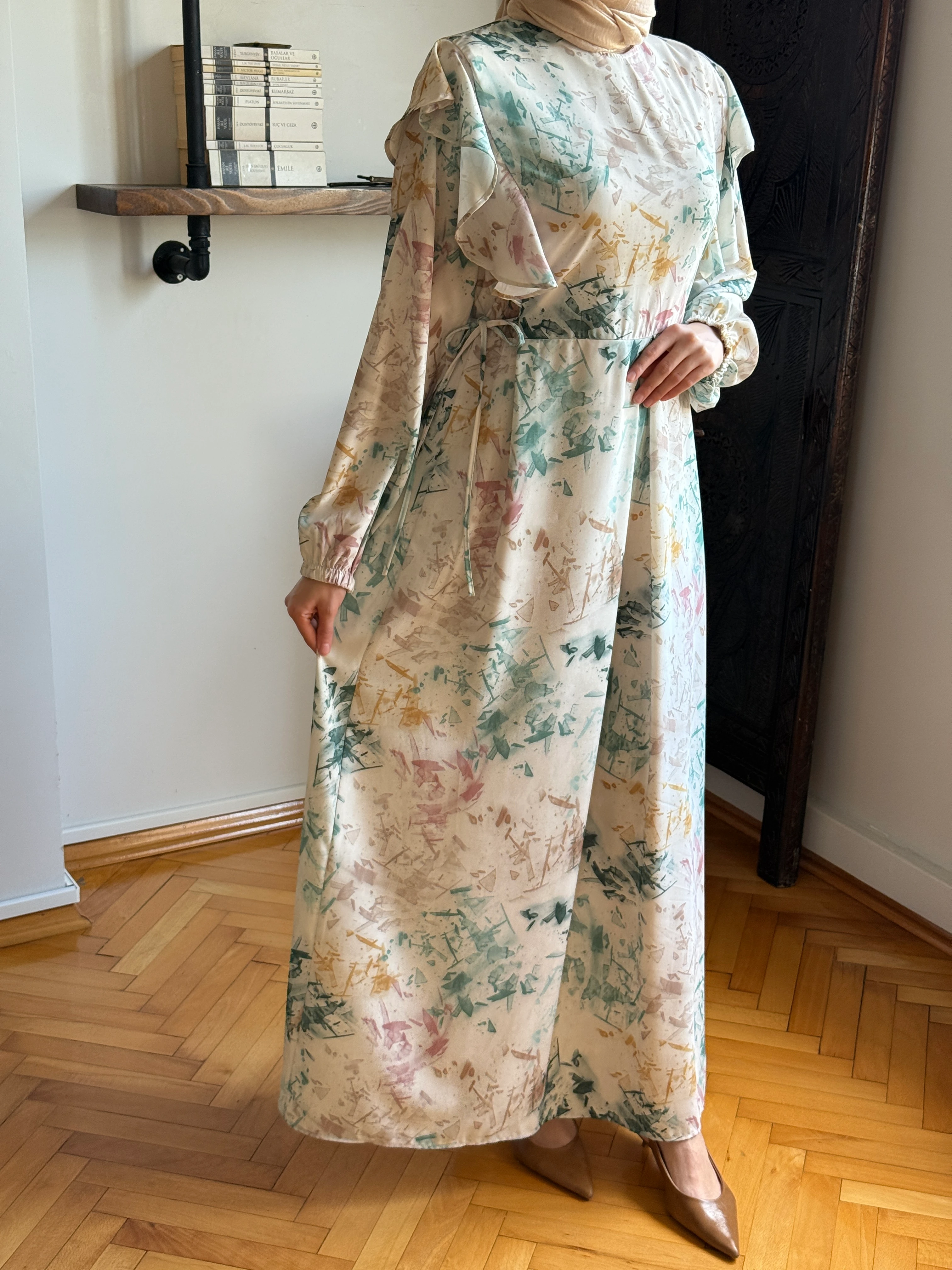 Omuz Volanlı Desenli Saten Elbise 1868 NAVRA | FENDEL