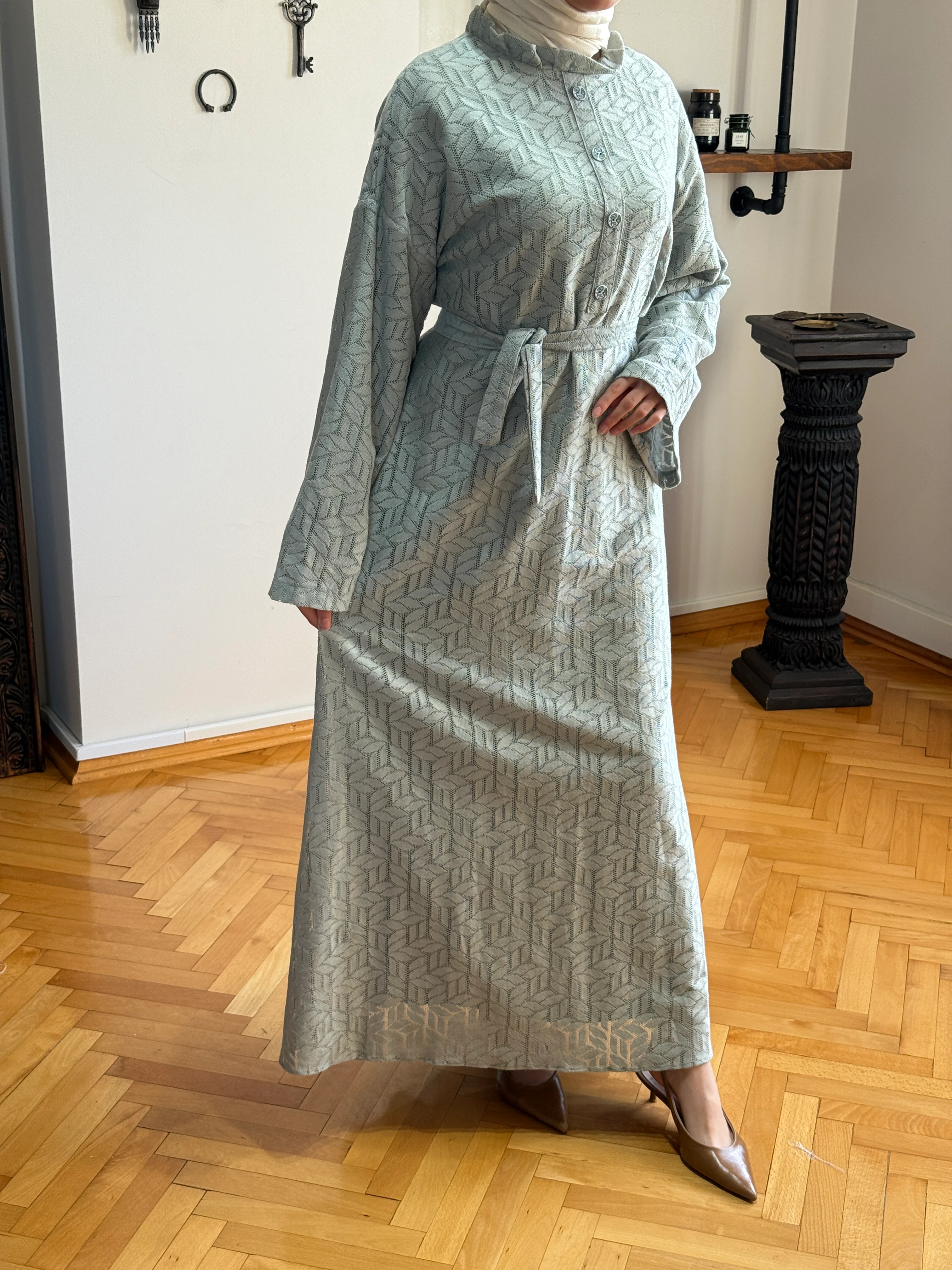 Yaka Büzgülü Abaya Kol Astarlı Dantel Elbise 2426 NAVRA | FENDEL