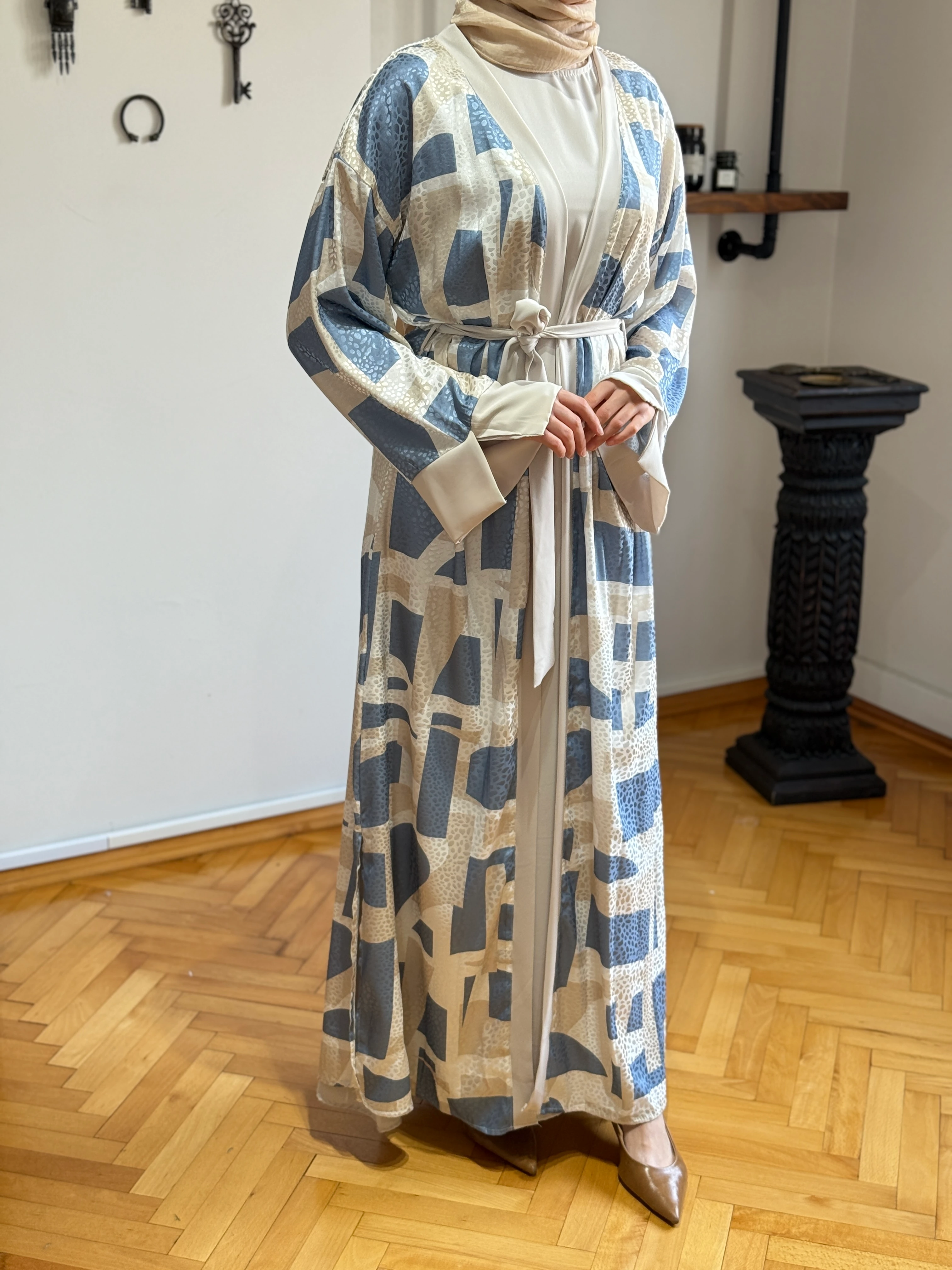 Desenli Saten 2'li Abaya 1875 NAVRA | FENDEL