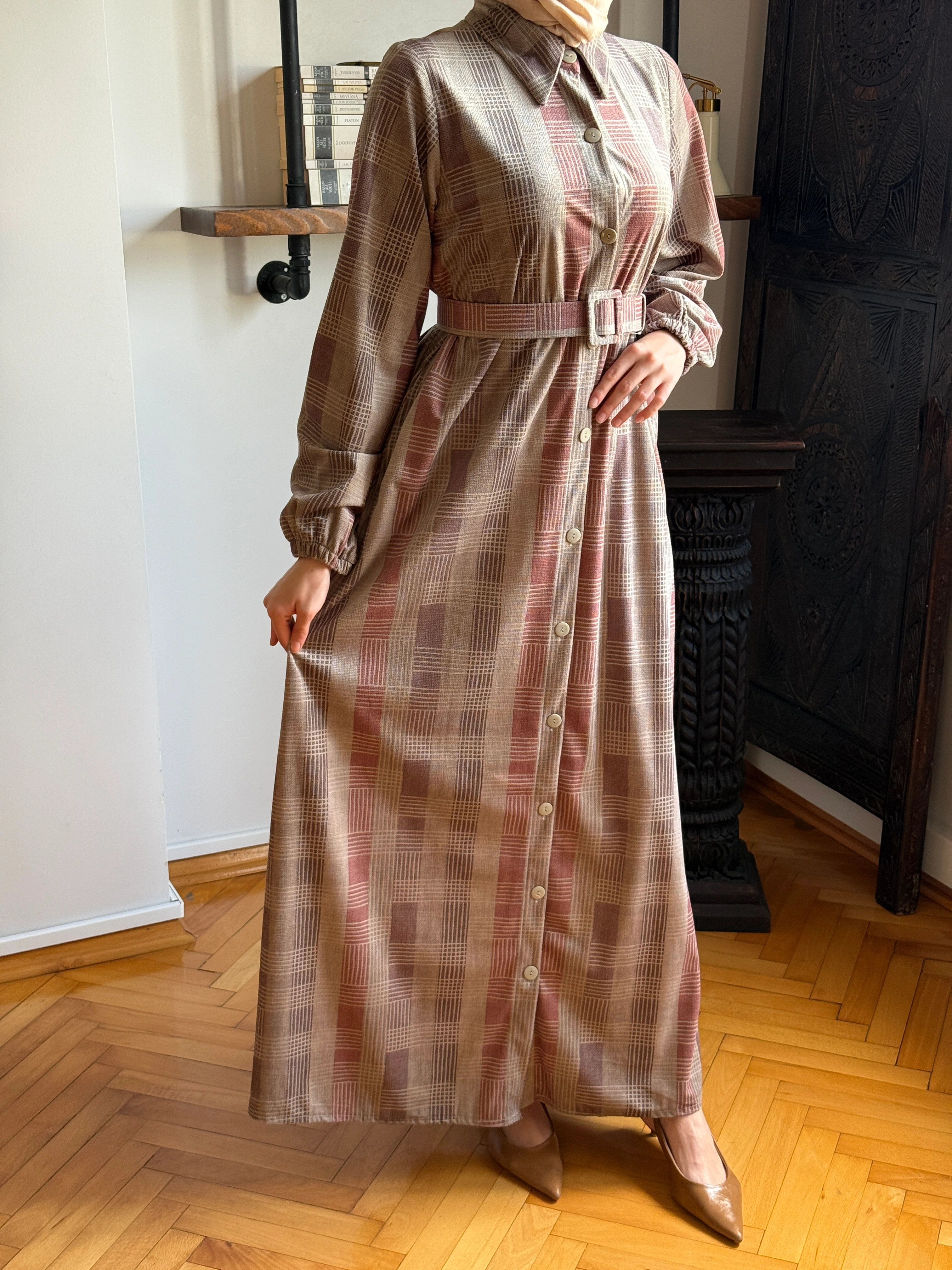 Ekose Gömlek Yaka Kaplama Kemerli Kadife Elbise 2303 NAVRA | FENDEL