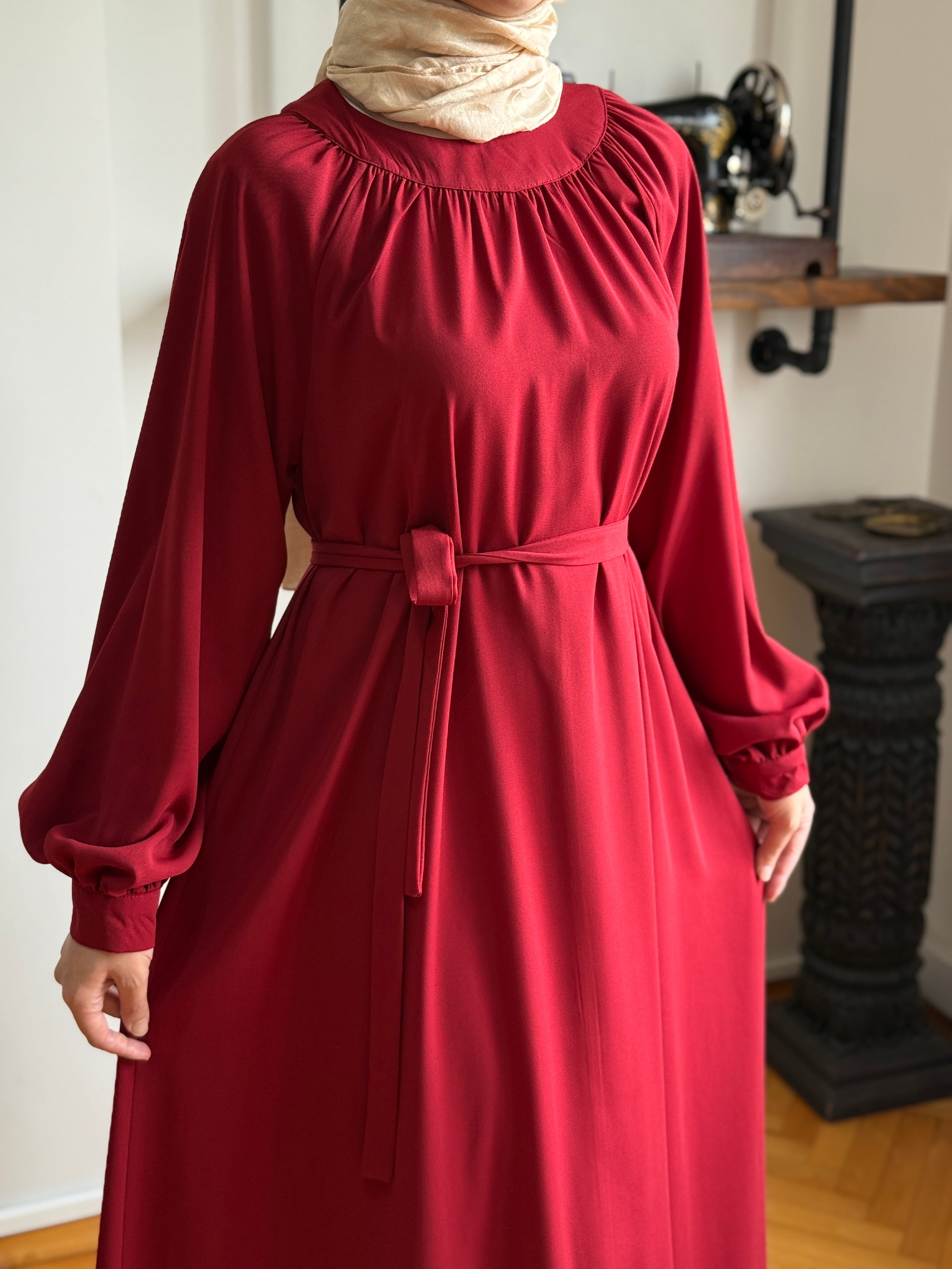 Reglan Kollu Büzgülü Elbise 5089 - bordo
