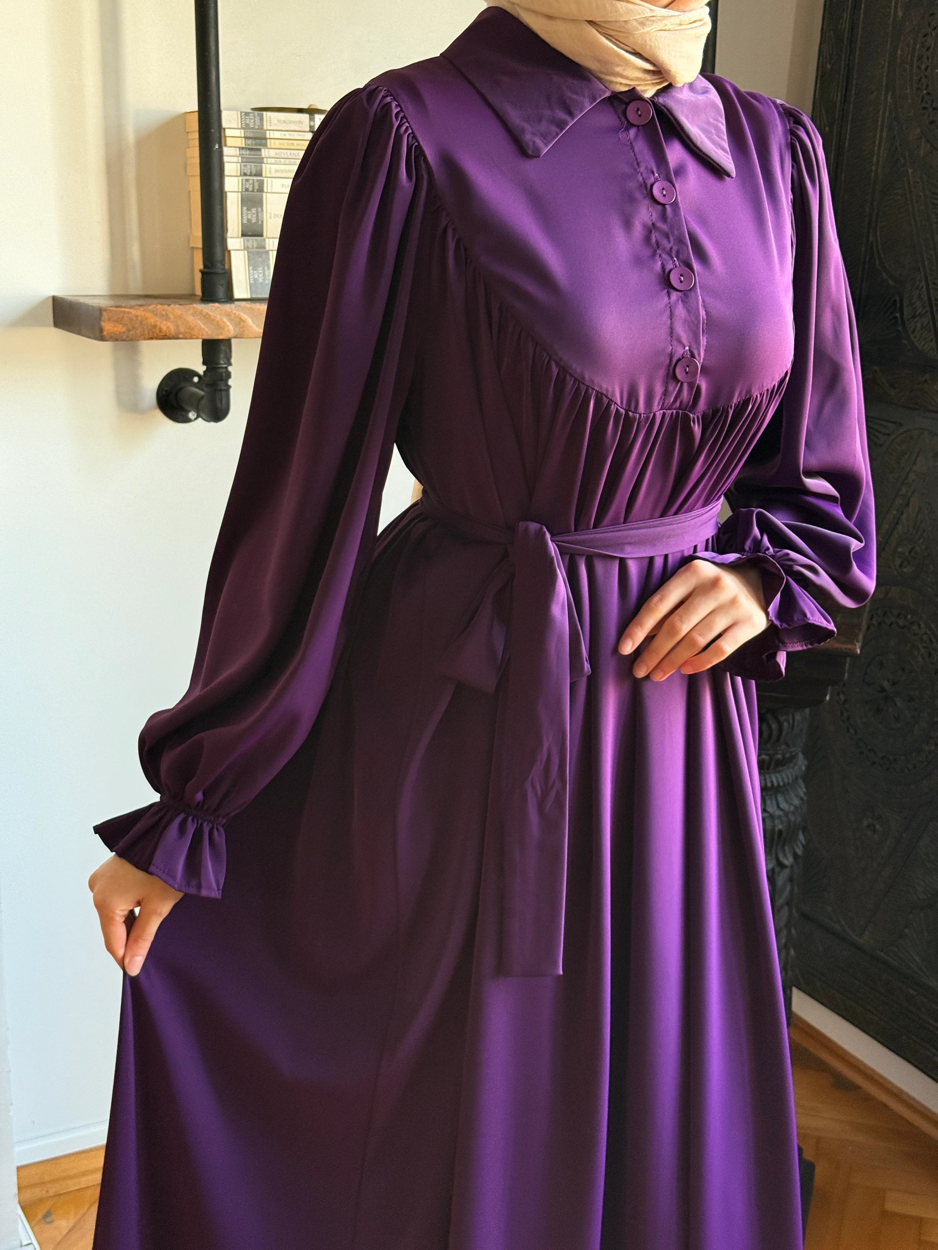 Gömlek Yaka Yarım Pat Dubai İpeği Elbise 1926 NAVRA | FENDEL