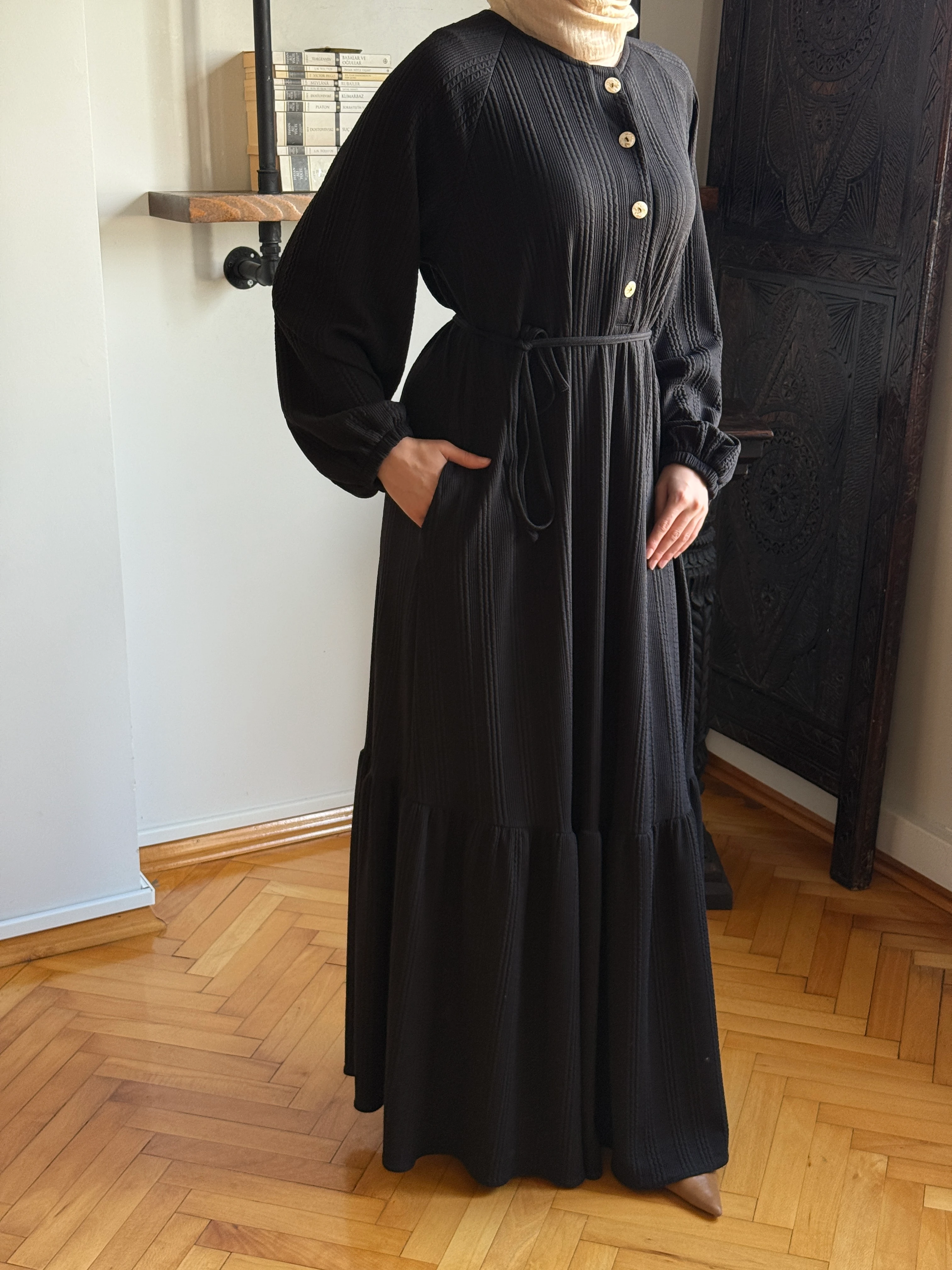 Reglan Kol Yarım Pat Eteği büzgülü Örme Elbise 2416 NAVRA | FENDEL