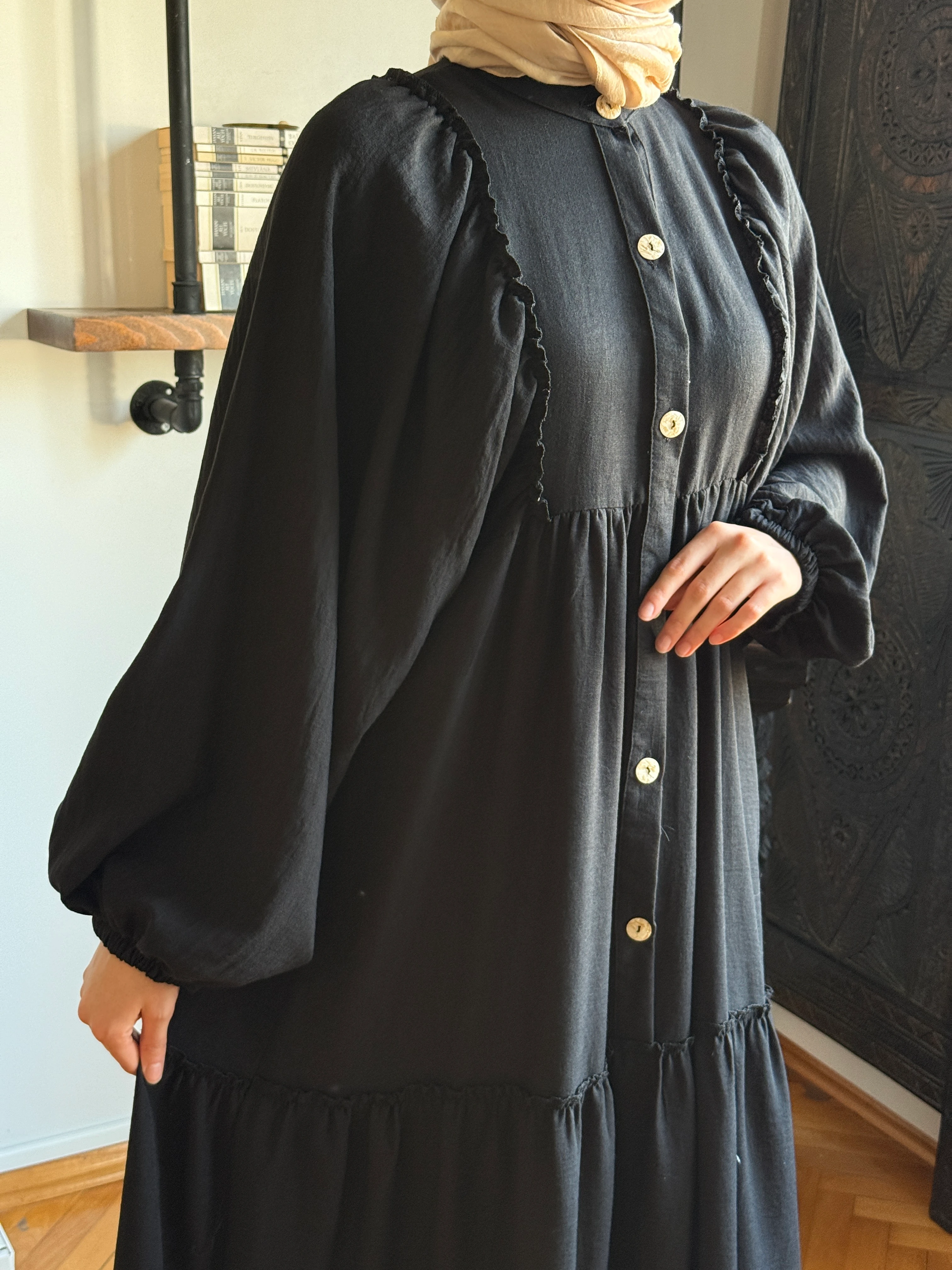 Salaş Büzgülü Keten Elbise 1922 NAVRA | FENDEL - siyah