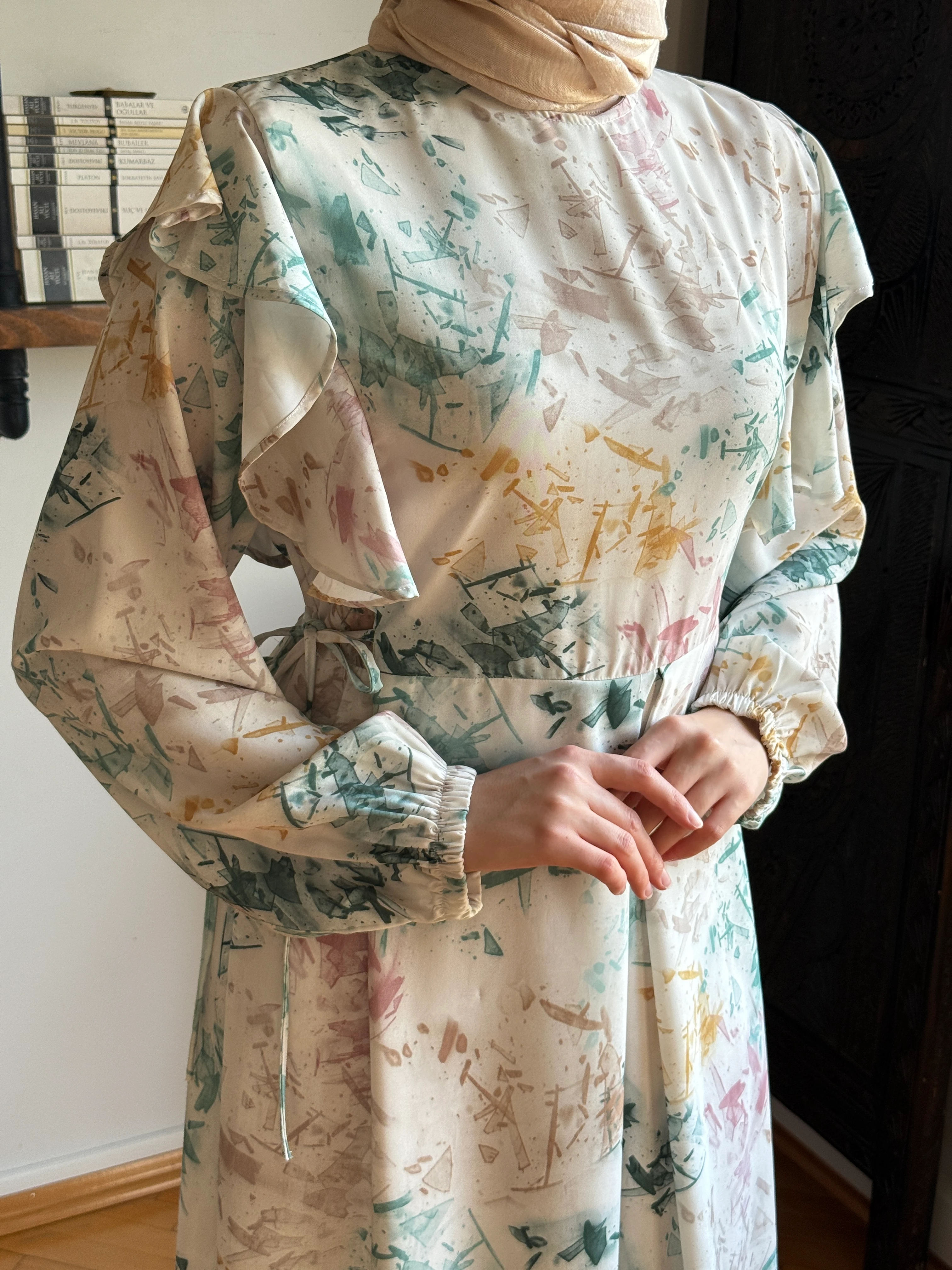 Omuz Volanlı Desenli Saten Elbise 1868 NAVRA | FENDEL