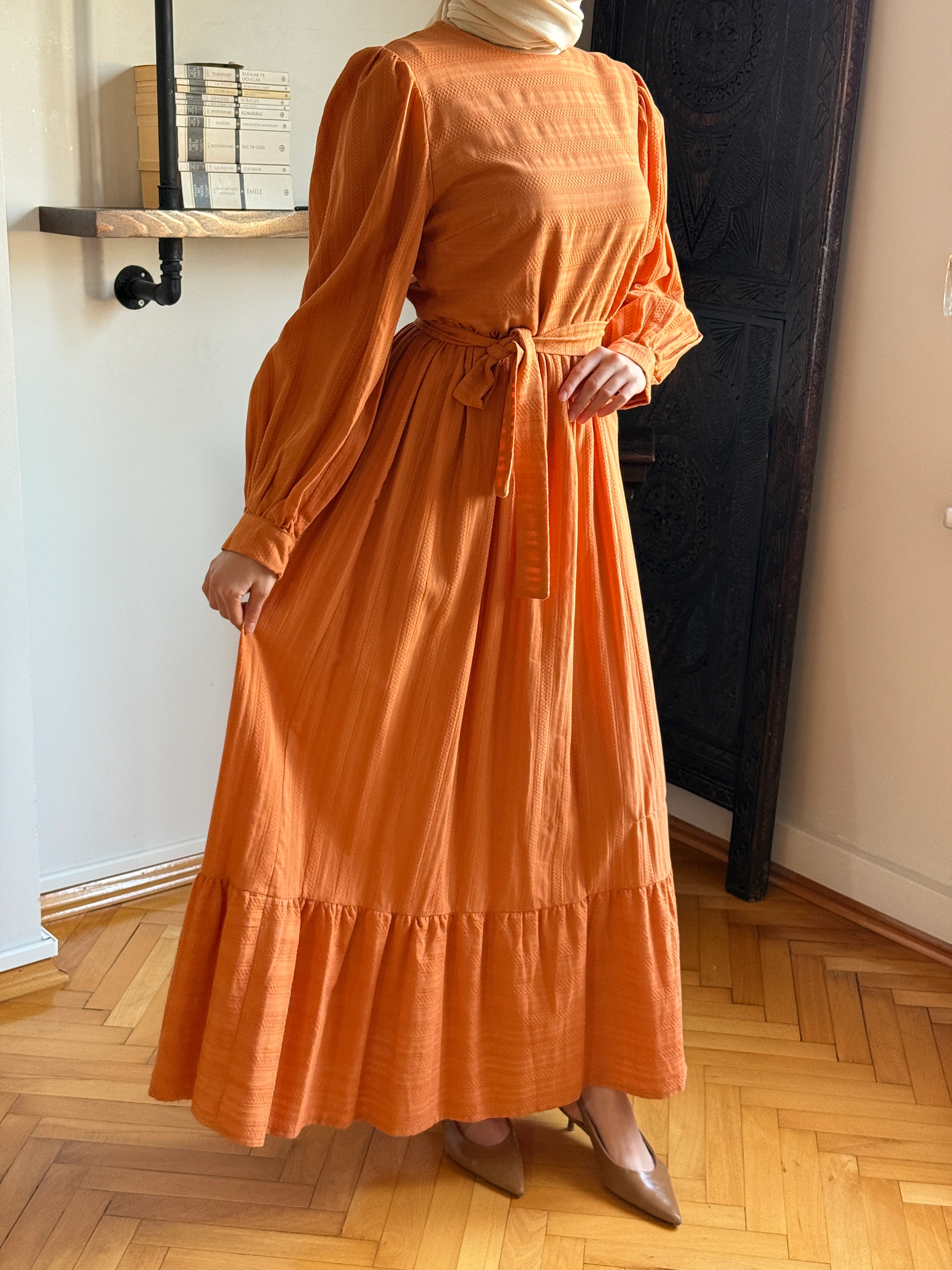 Bel ve Etek Büzgülü Keten Flam Elbise 1847 NAVRA | FENDEL