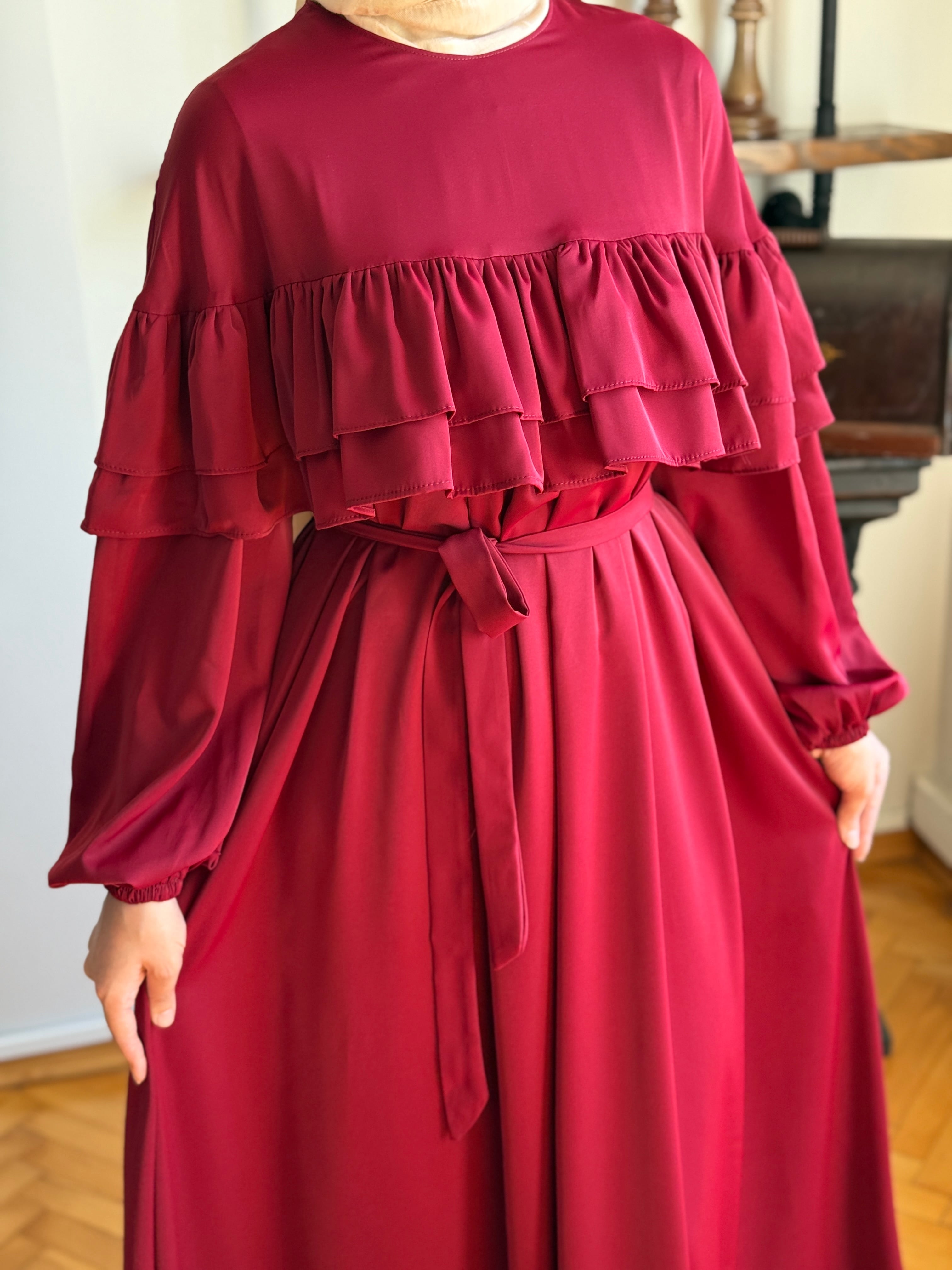 Çift Fırfırlı Robalı Elbise 5068 - bordo