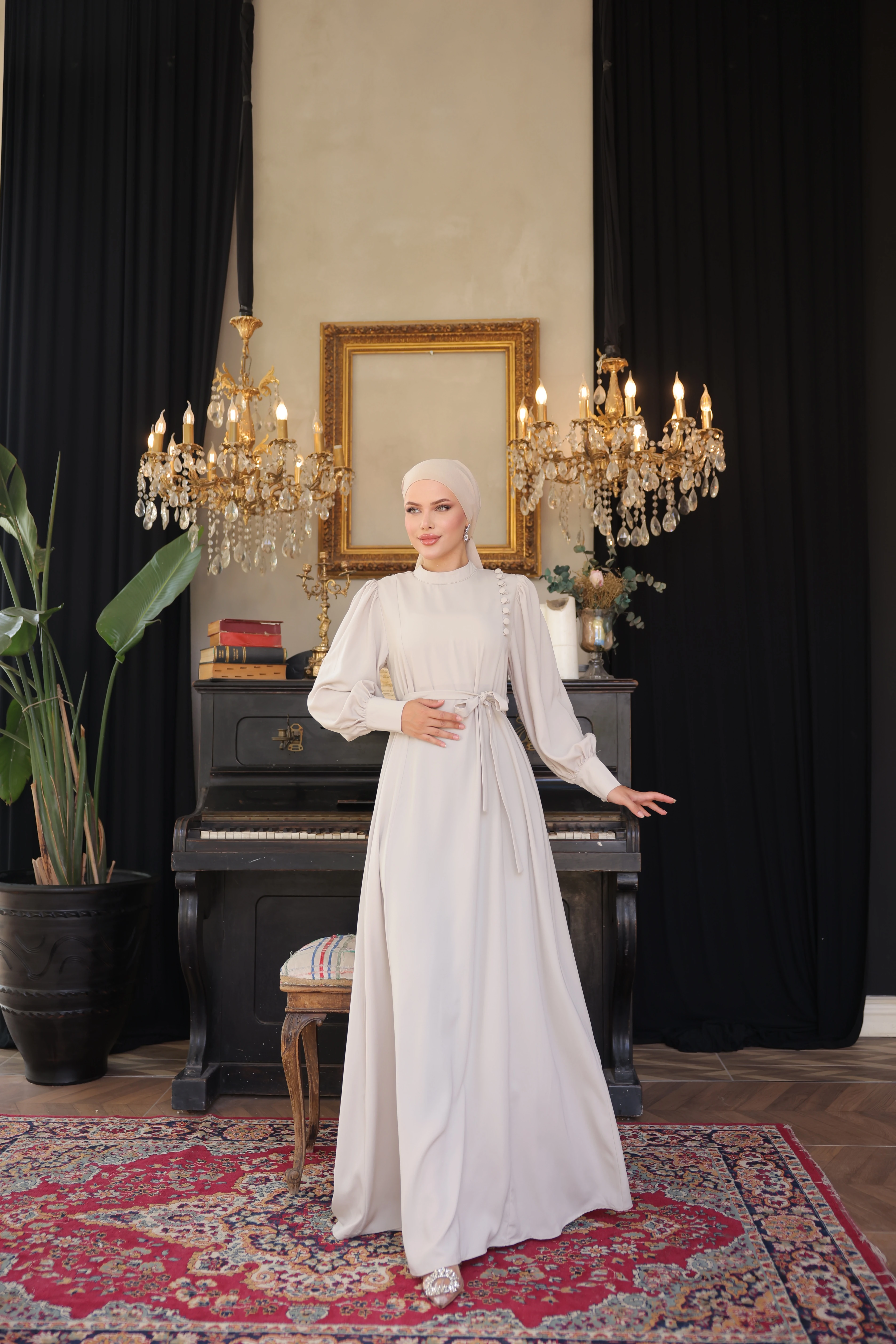 Yandan Kaplama Düğmeli Krep Elbise 5086 NAVRA | FENDEL - bej