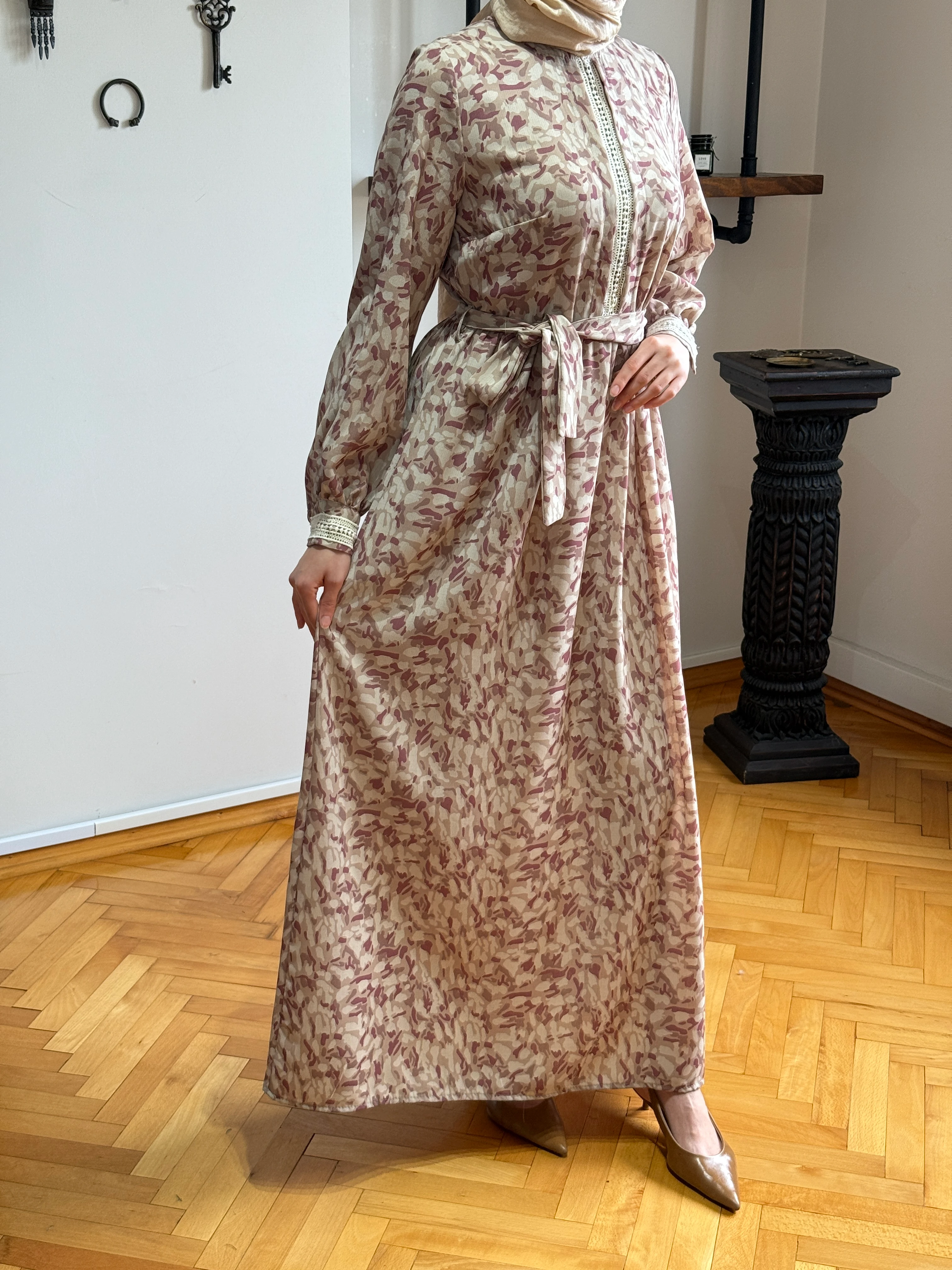 Dantel Detaylı Desenli Keten Elbise 1409 NAVRA | FENDEL