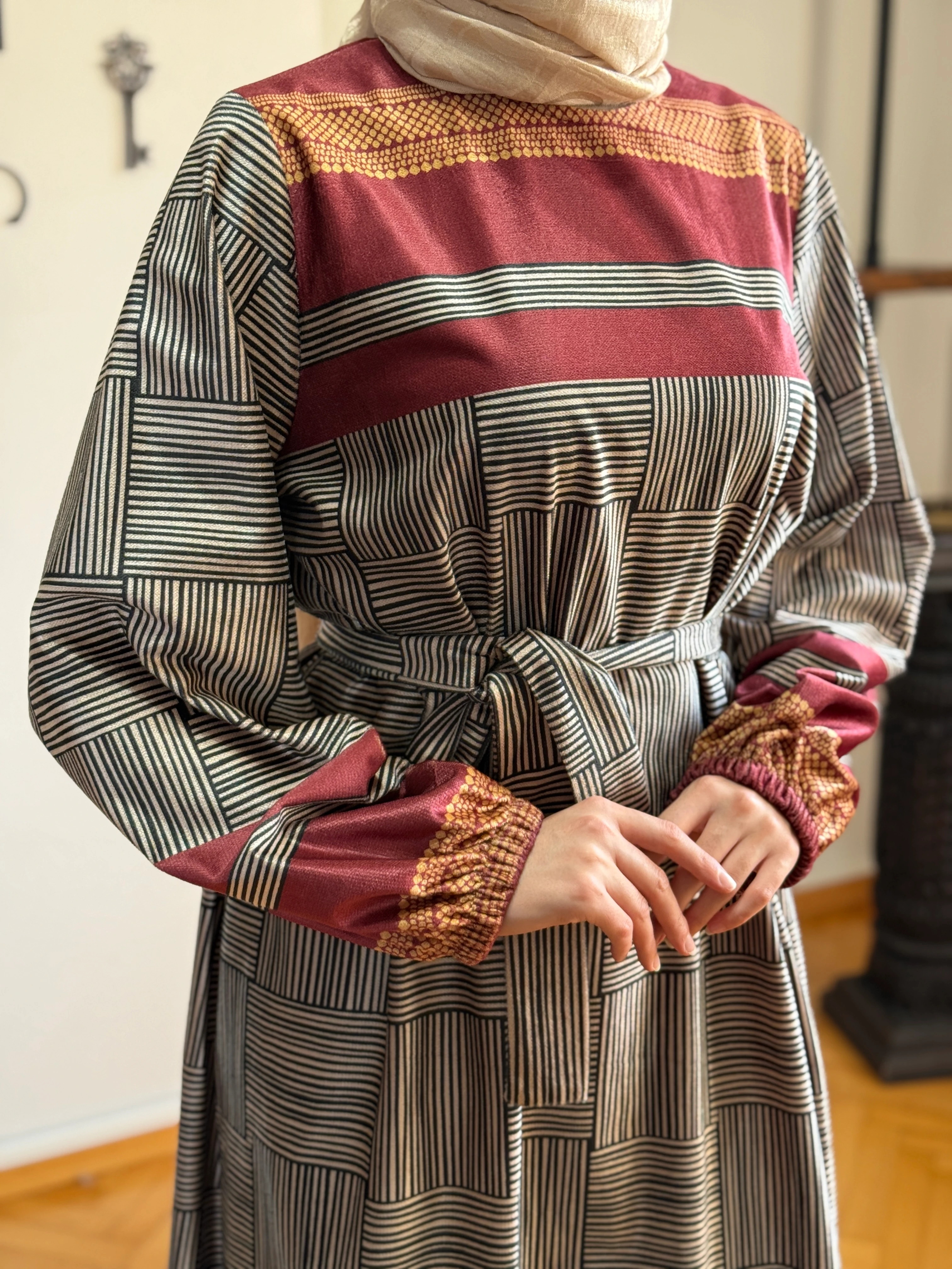 Dama Desen Çizgili Kadife Elbise 2302 NAVRA | FENDEL