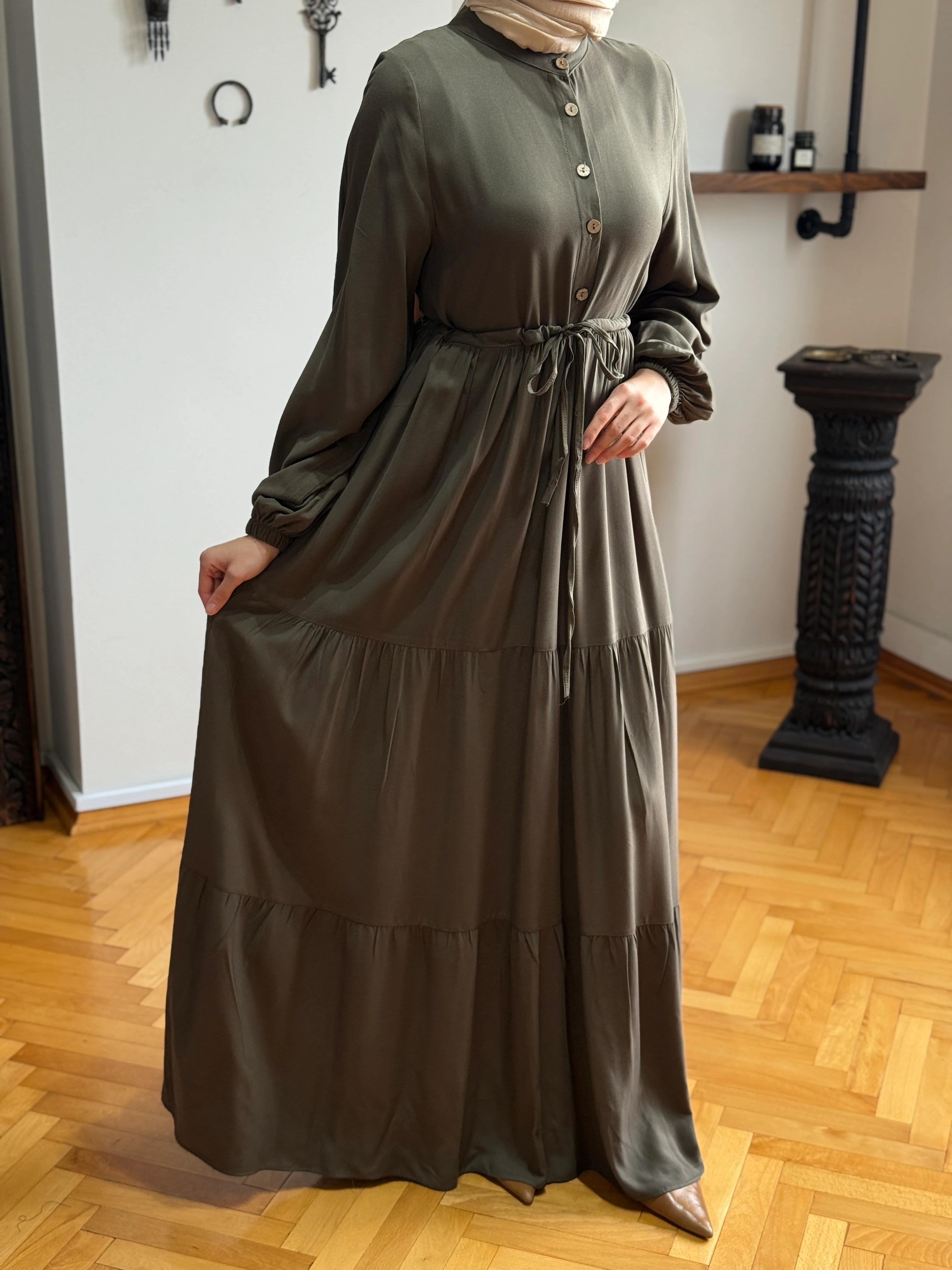 Çingene Bel Bağlamalı Pamuk Elbise 5094 NAVRA | FENDEL - haki