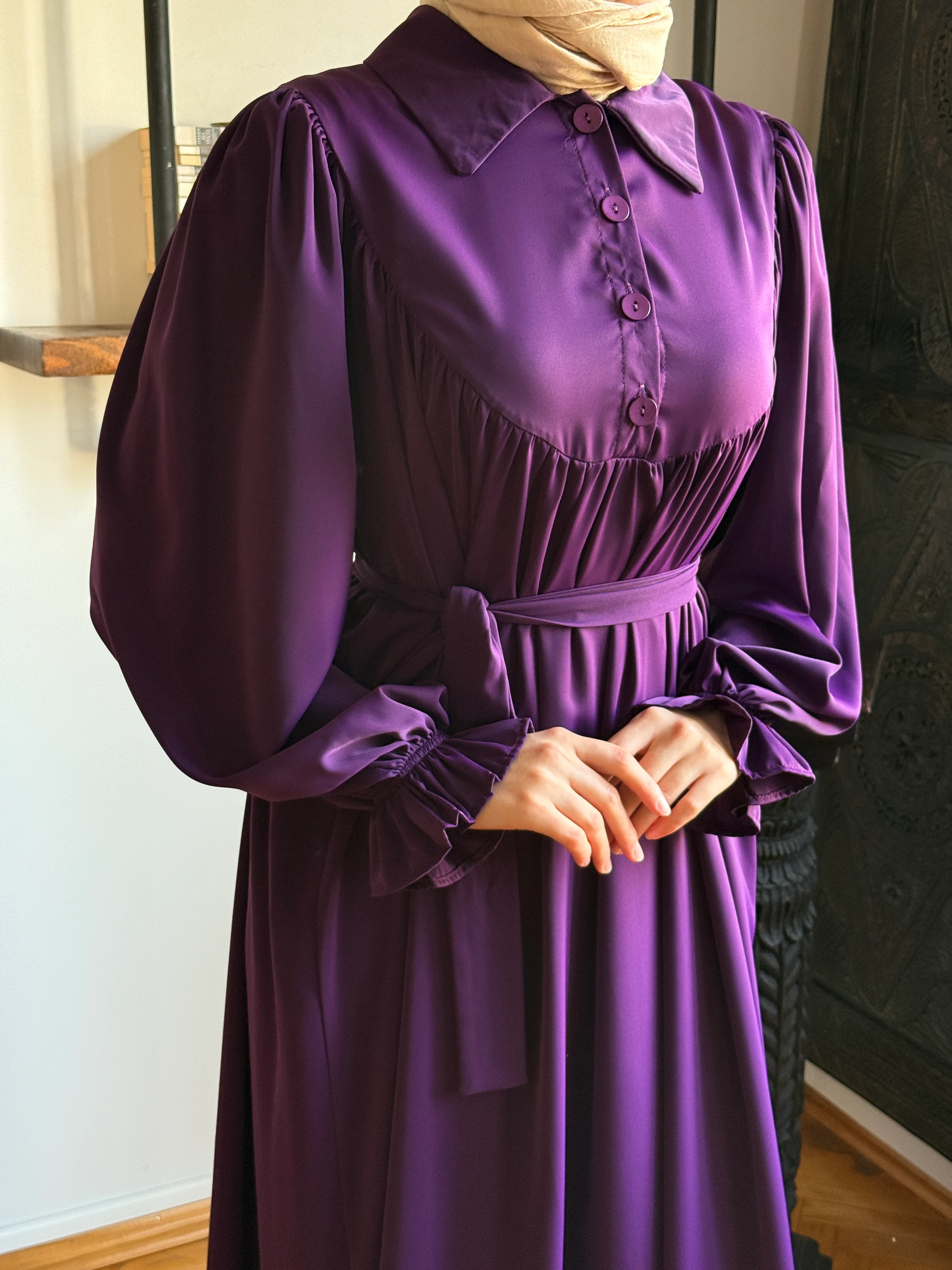 Gömlek Yaka Yarım Pat Dubai İpeği Elbise 1926 NAVRA | FENDEL