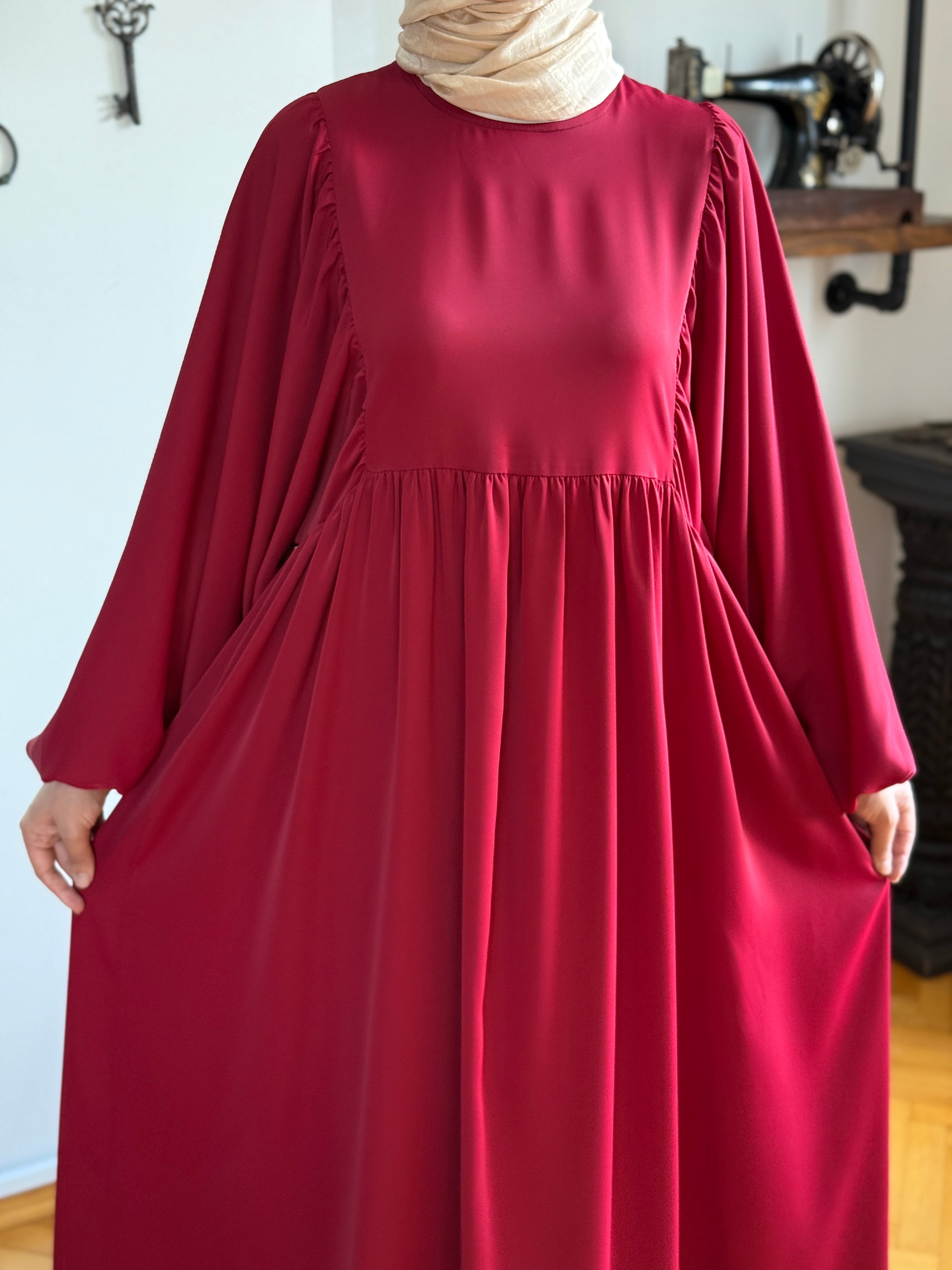 Balon Kollu Oversize Elbise 5096 - bordo