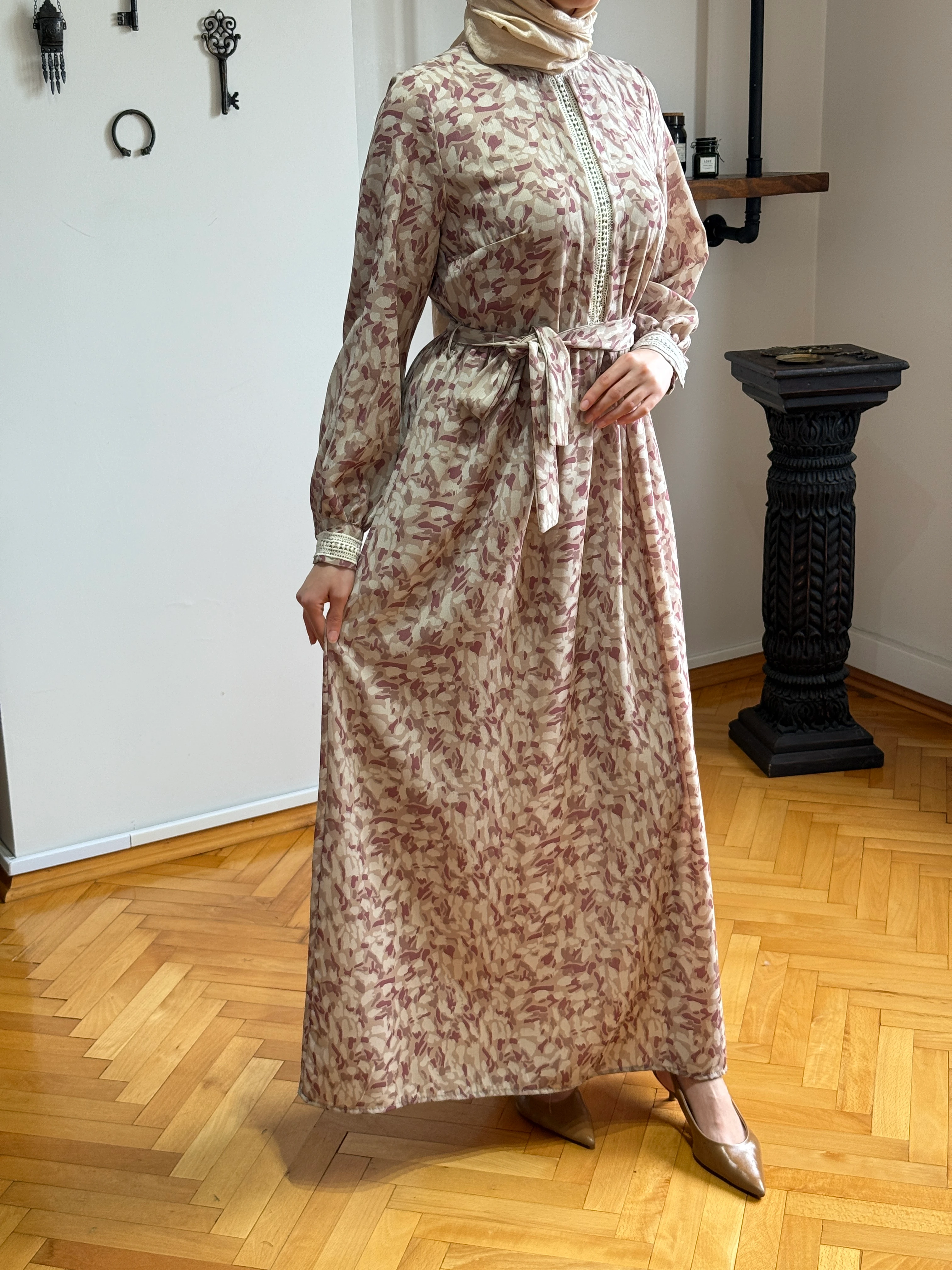 Dantel Detaylı Desenli Keten Elbise 1409 NAVRA | FENDEL