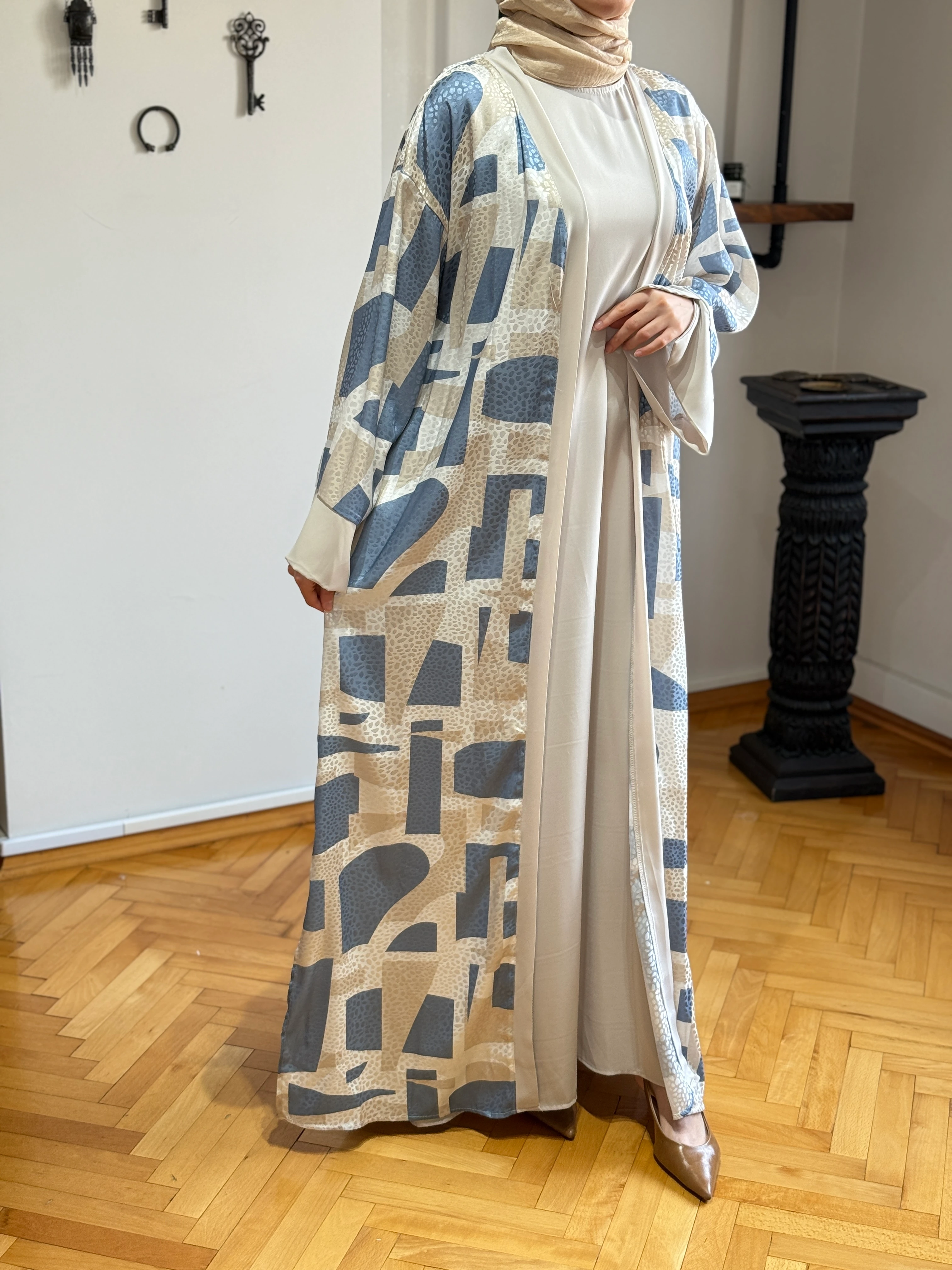 Desenli Saten 2'li Abaya 1875 NAVRA | FENDEL