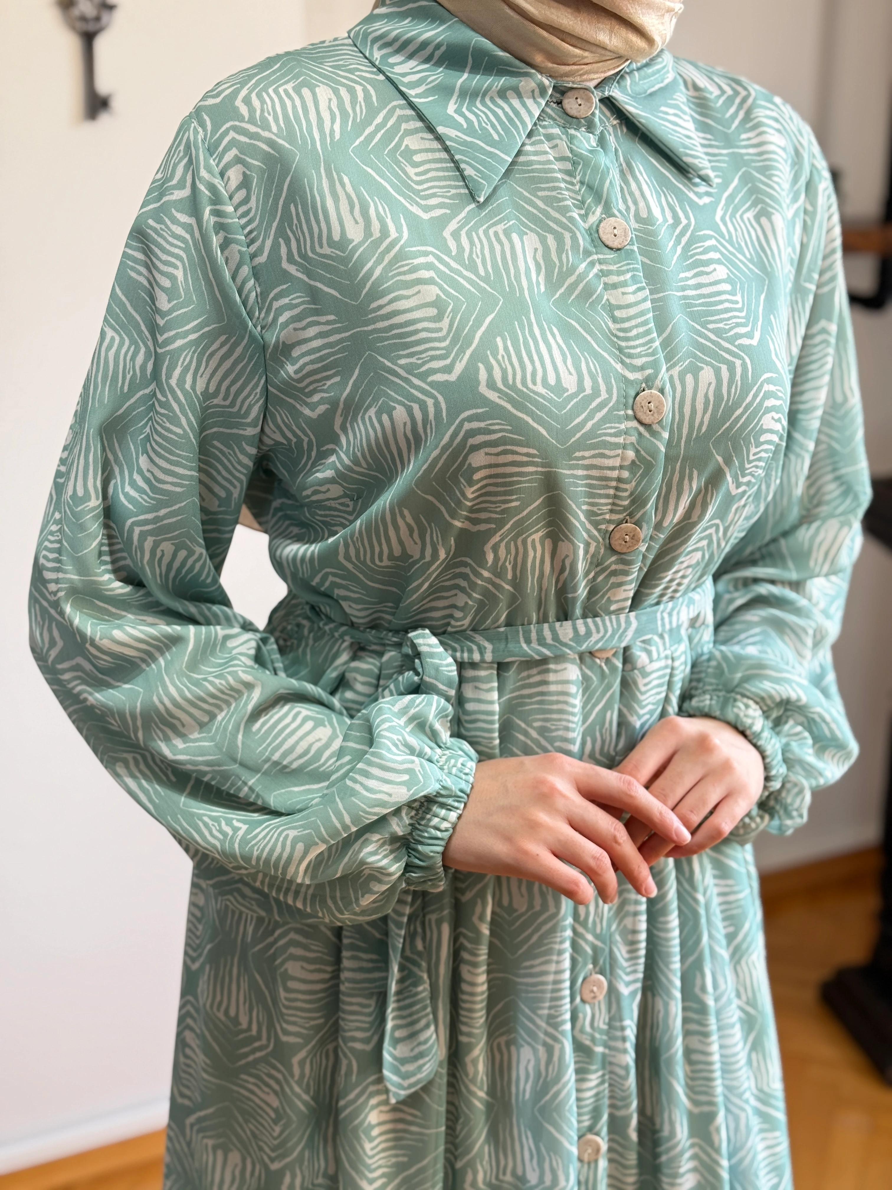 Etnik Desenli Şifon Gömlek Elbise 1550 NAVRA | FENDEL - mint